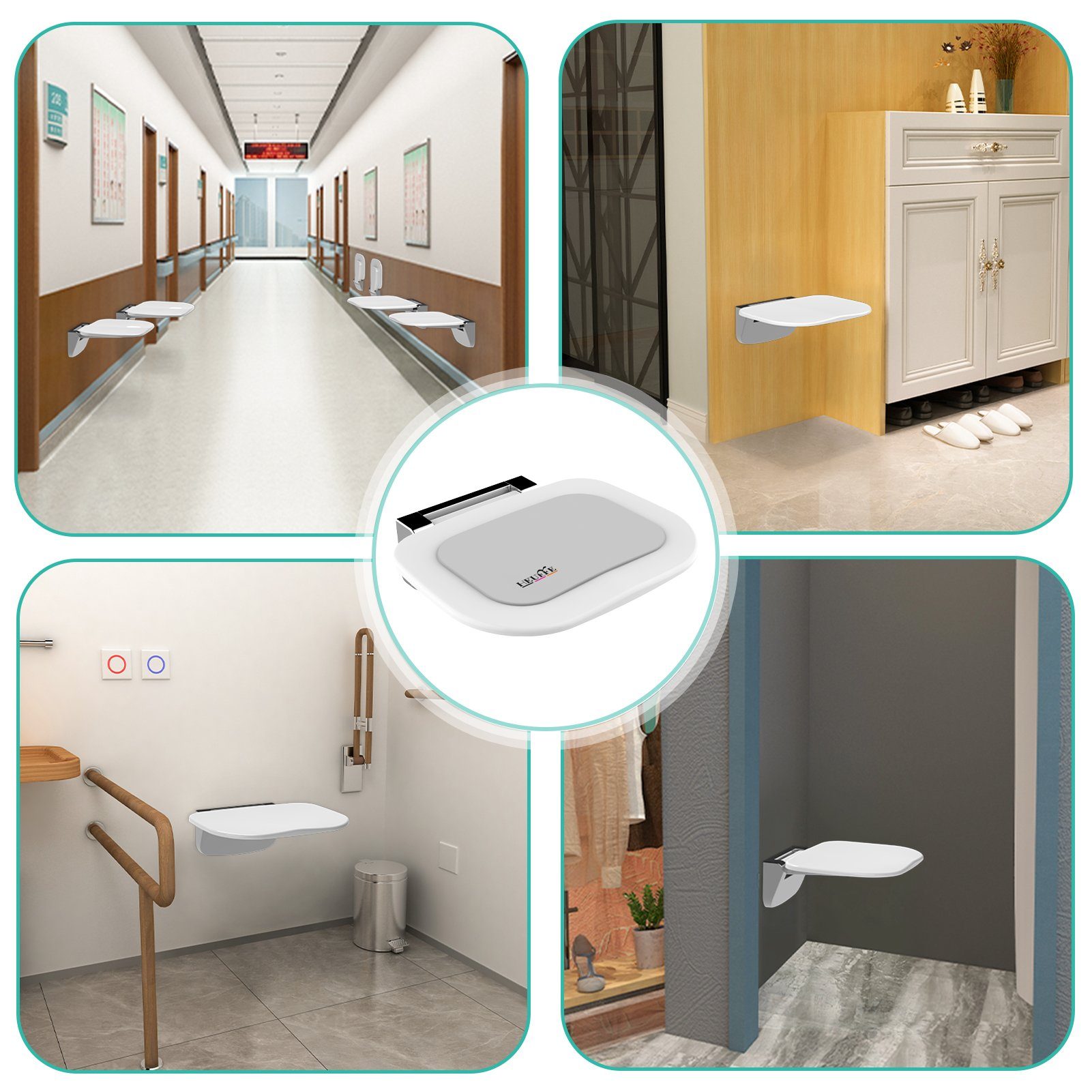 HEUFFE Duschklappsitz zur wandmontage, für Senioren & Kinder, klappbar, rechteckig, schwarz, belastbar bis 200,00 kg, modern, gebogenes Design, mit Anti-Rutsch-Polster, EUIPO-zertifiziert