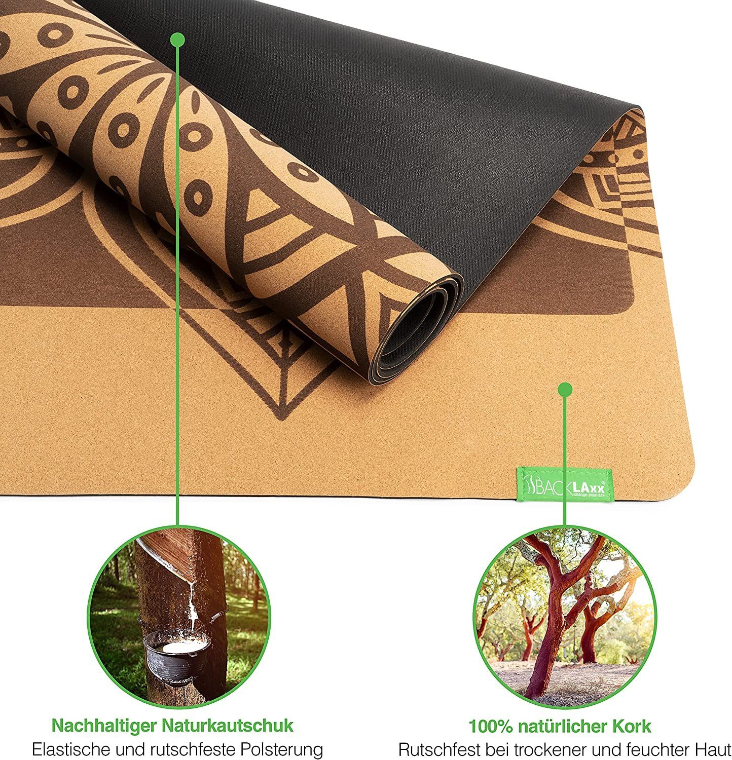 BACKLAxx® Yogamatte Kork mit Naturkautschuk (Kork, 2teilig mit GRATIS Videokurs), 4 mm stark, aus natürlichen Rohstoffen, mit Antirutschzonen
