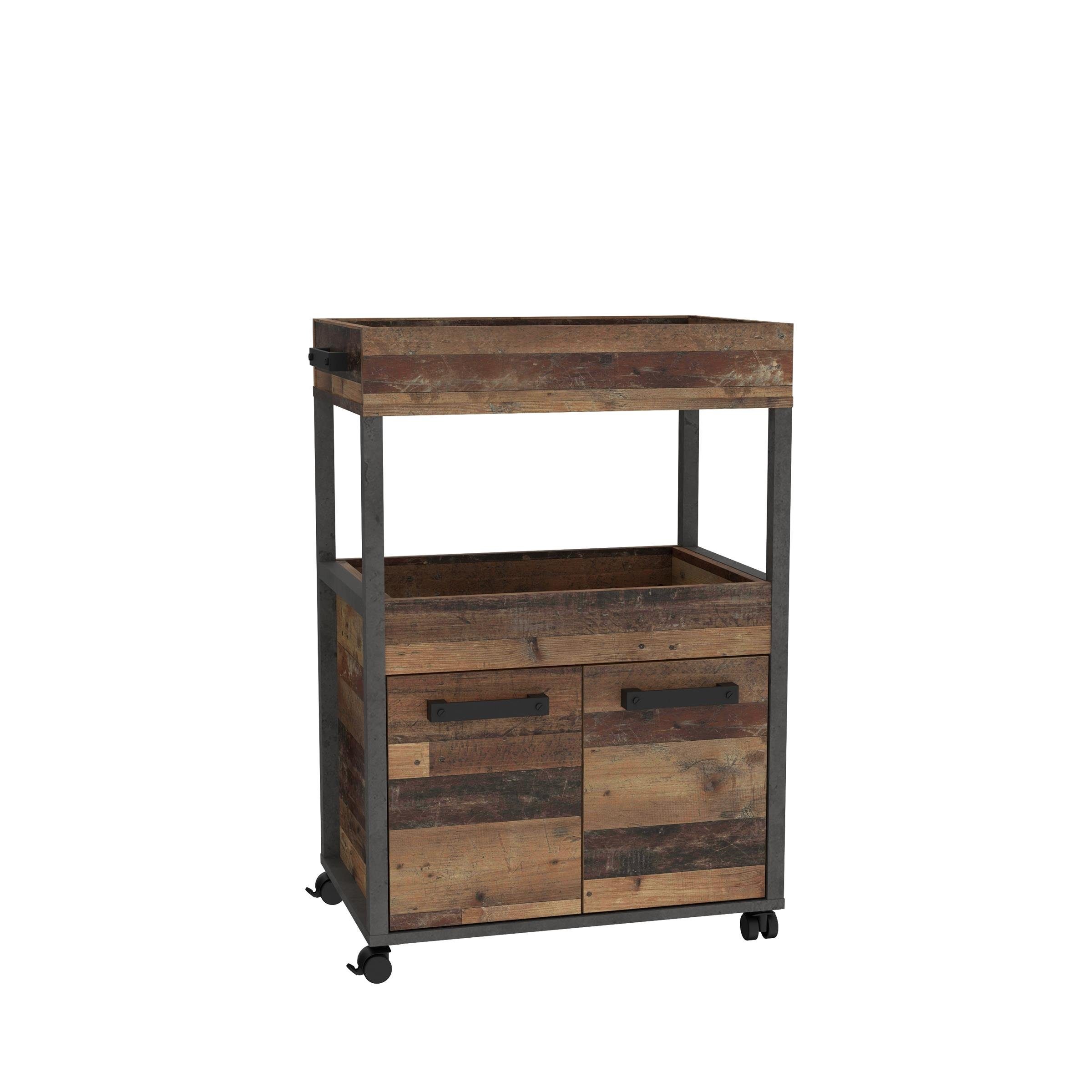möbelando Barschrank Hydra Barschrank im modernen Industrial-Design aus Spanplatte in Betonoptik Dunkelgrau / Old Wood Vintage Nachbildung mit 2 Holztüren, 2 Ablageböden und 4 Rollen. Breite 60 cm, Höhe 88,5 cm, Tiefe 40 cm