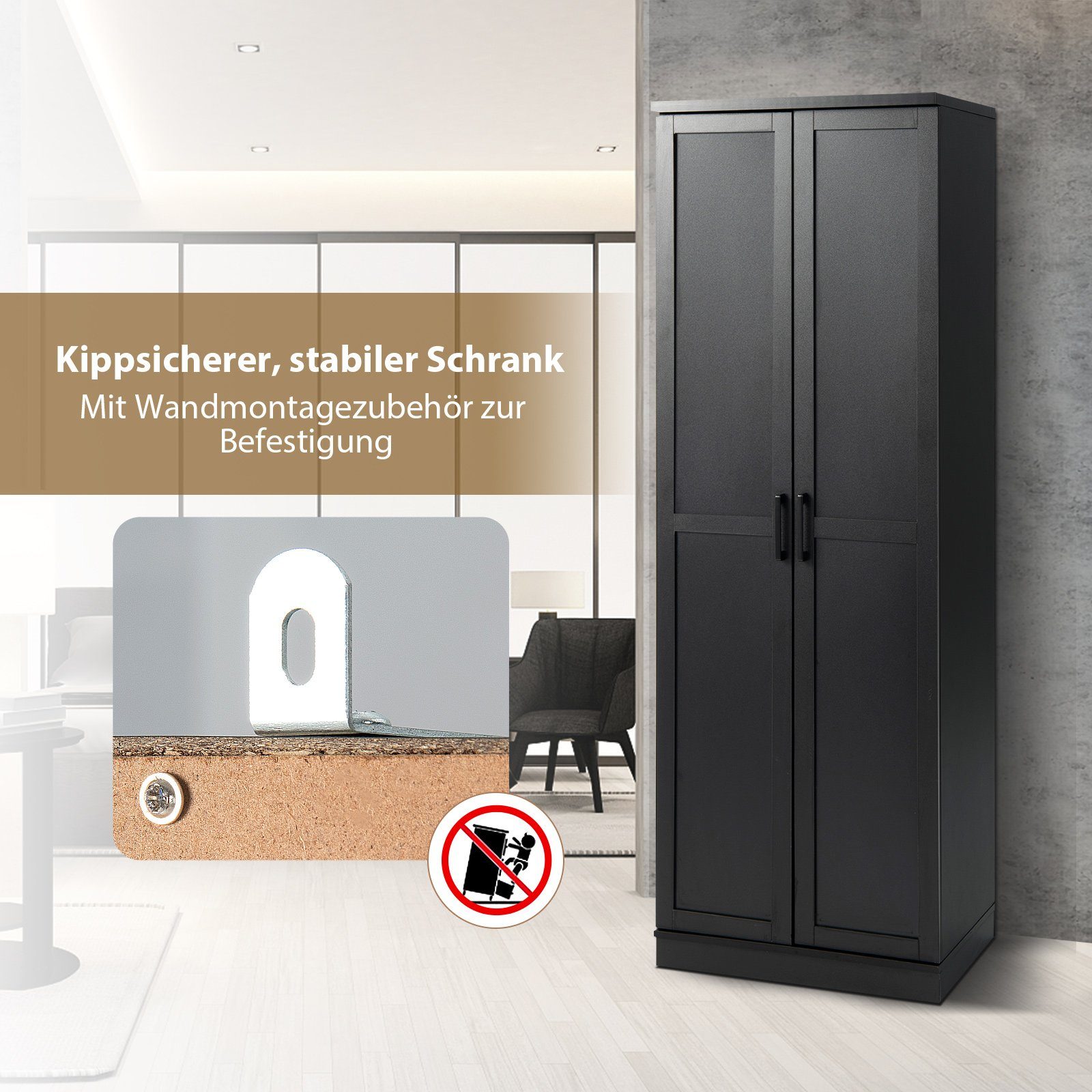 COSTWAY Küchenbuffet Küchenschrank hoch, mit Türen & Regalen, 59x43,5x178cm