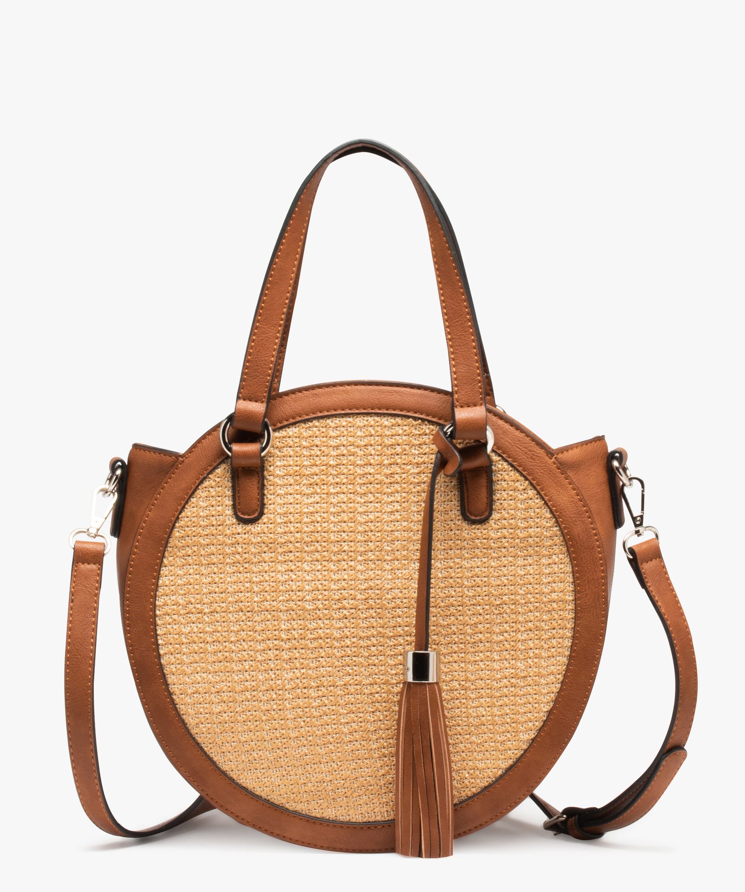 Sac à main rond bimatière avec face tissée beige | GEMO