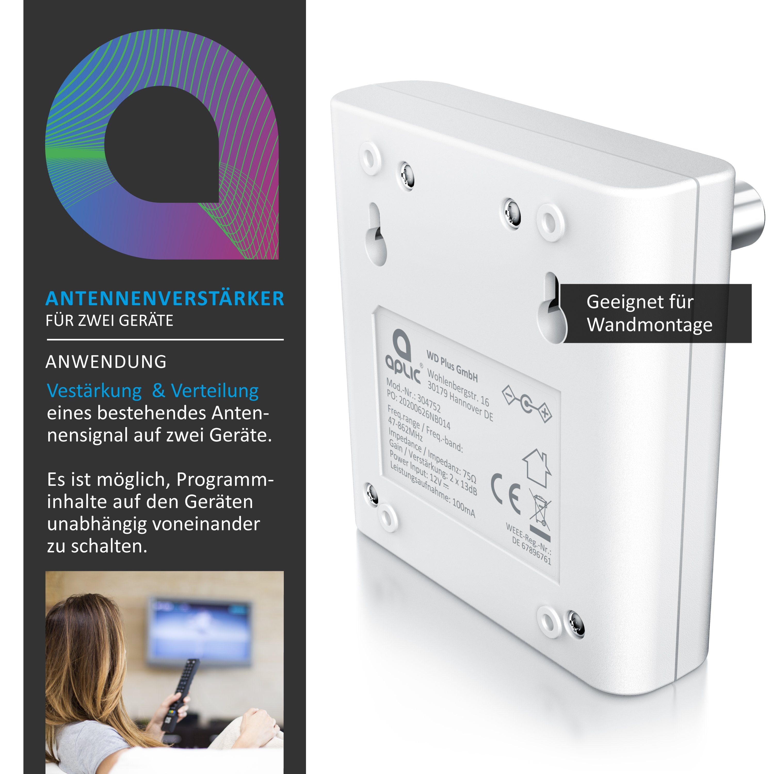 Aplic Verstärker (DVB-T2, Kabel TV, Radio Antennenverstärker, 2x 13 dB Signalverstärkung)