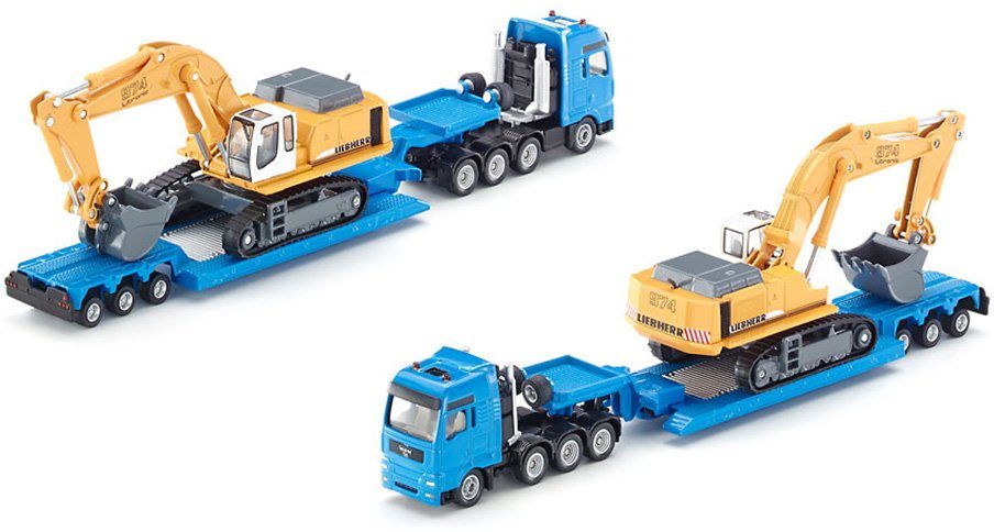 Siku Spielzeug-LKW SIKU Super, MAN TG-A mit Tiefbettauflieger (1847), mit Liebherr Bagger