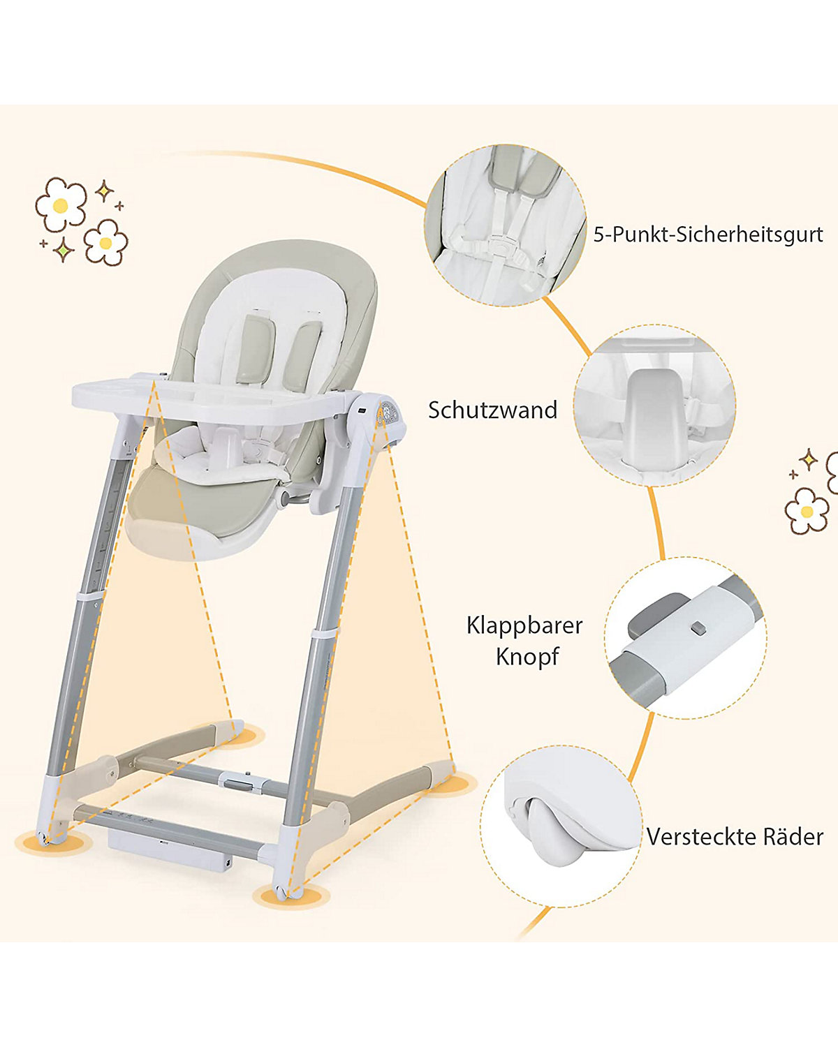 3 in 1 Babywippe elektrisch Hochstuhl mit Timer Musik Rädern