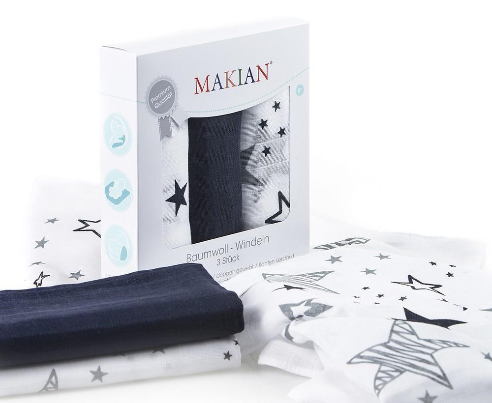 Makian Mullwindeln in Geschenkverpackung, 3er Set, Design Sterne/blau, 80x80cm