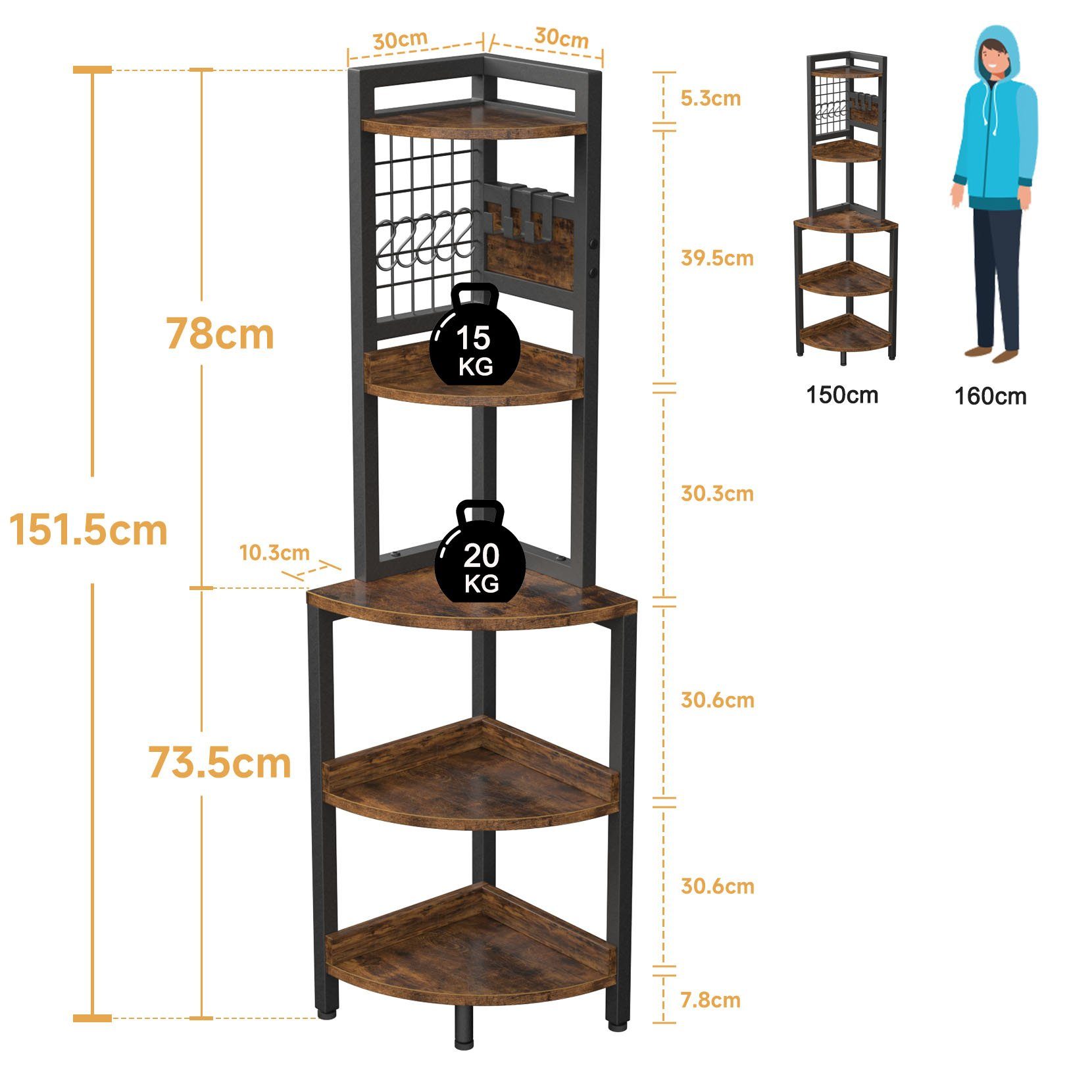 Dripex Eckregal Bücherregal mit 5 Ebenen, Metallrahmen, 40x40x152cm