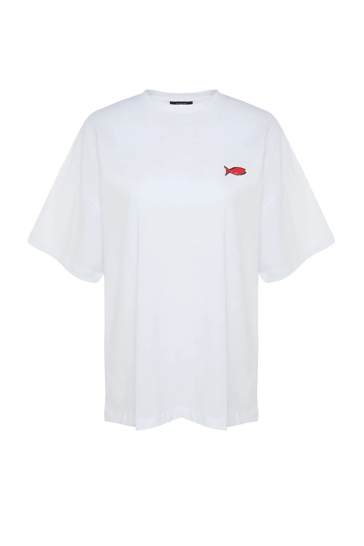 Trendyol Collection  Weißes, bedrucktes, übergroßes/weites Strick-T-Shirt mit Rundhalsausschnitt aus 100 % Baumwolle TWOSS23TS00329
