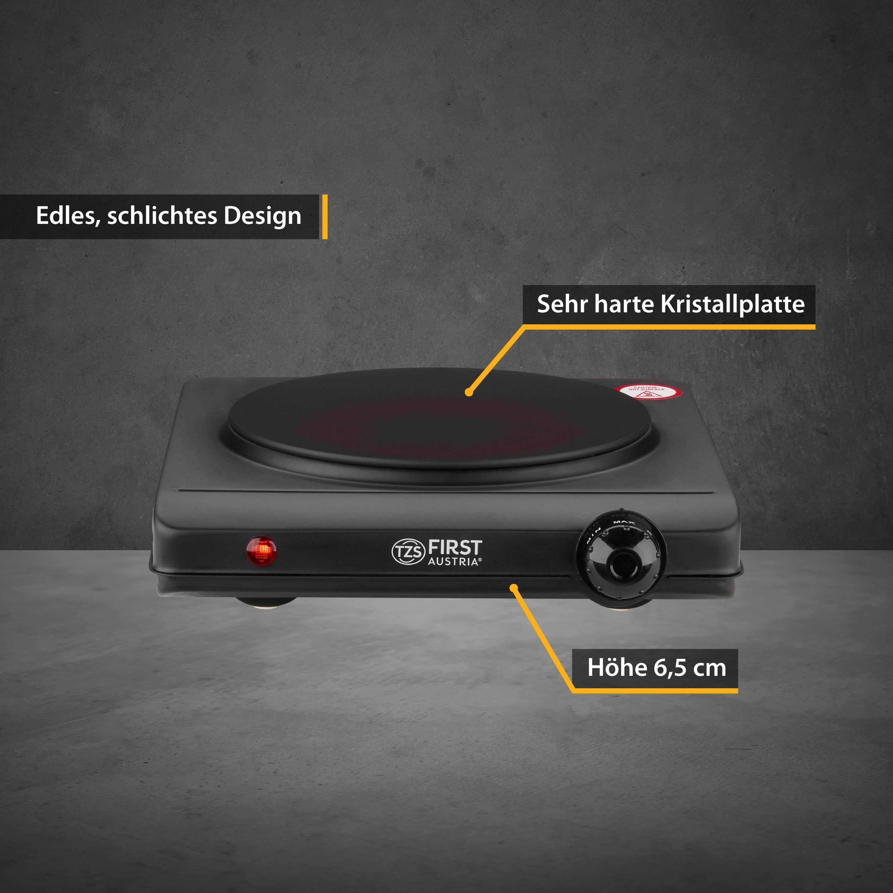 TZS FIRST AUSTRIA Einzelkochplatte Infrarot Kochplatte, 1250W, Keramik, stufenlose Temperaturregelung, Kochfeld Schwarz, Herdplatte für Camping