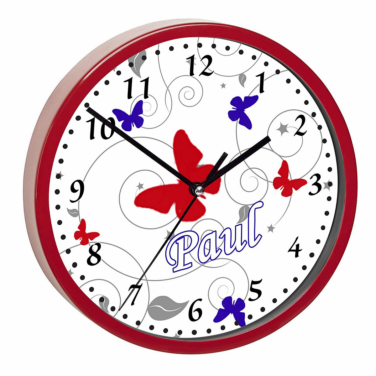 Kinder Wanduhr personalisiert mit Name Schmetterling Rot Blau Grau