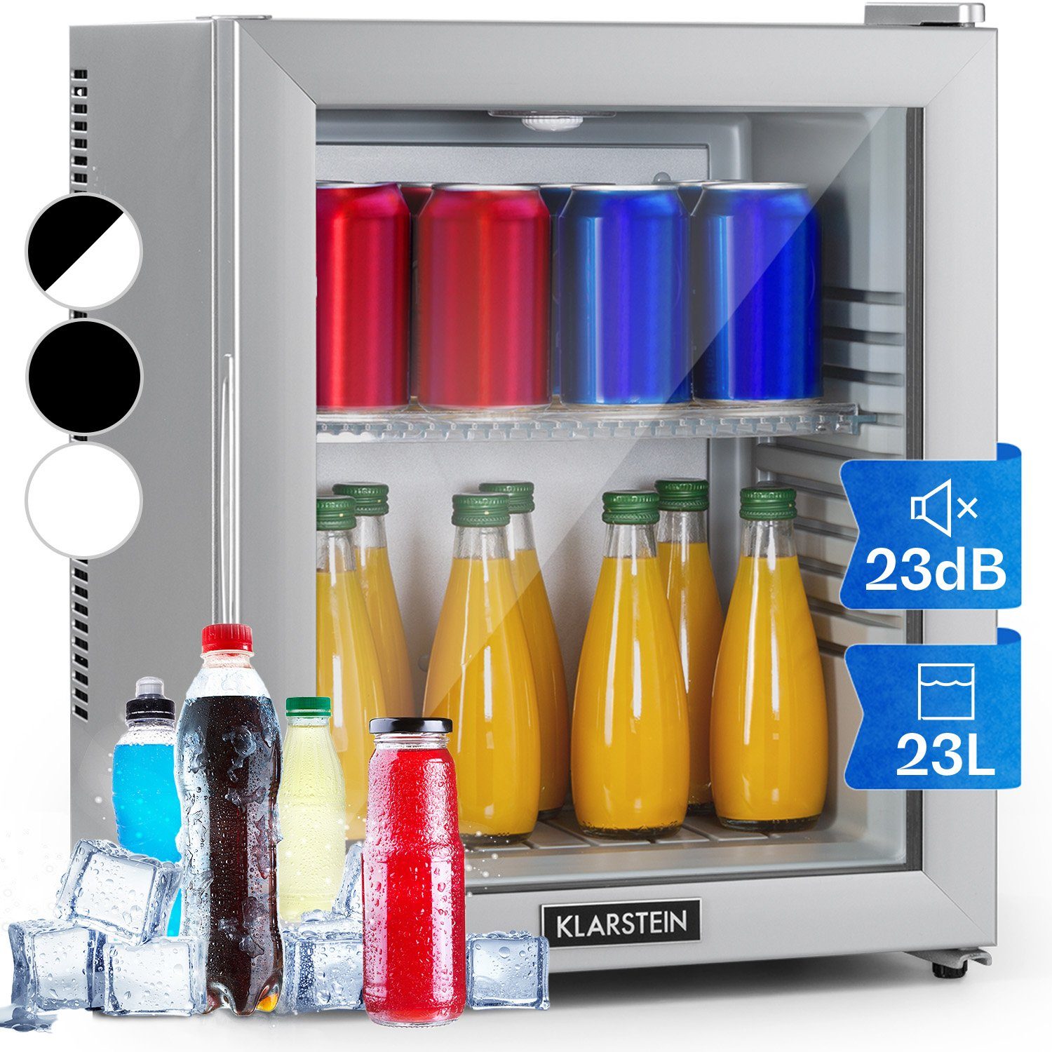 Klarstein Table Top Kühlschrank HEA-Brooklyn-24Slb 10035224A, 47 cm hoch, 38 cm breit, Hausbar Minikühlschrank ohne Gefrierfach Getränkekühlschrank Glastür