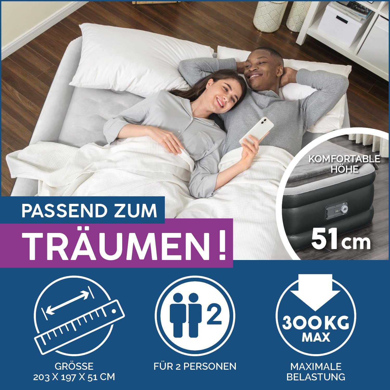 Bestway Luftbett Double 2 Personen selbstaufblasend extra hoch XXL 203 x 152 x 51 cm