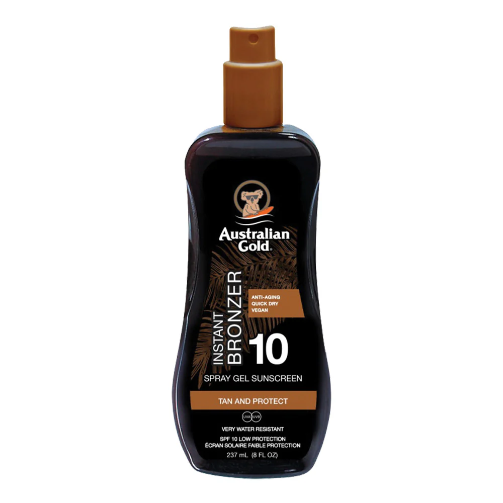 SPF10 saules aizsargspreja gels ar tūlītēju bronzeri - zemas aizsardzības saules aizsarggels ķermenim.