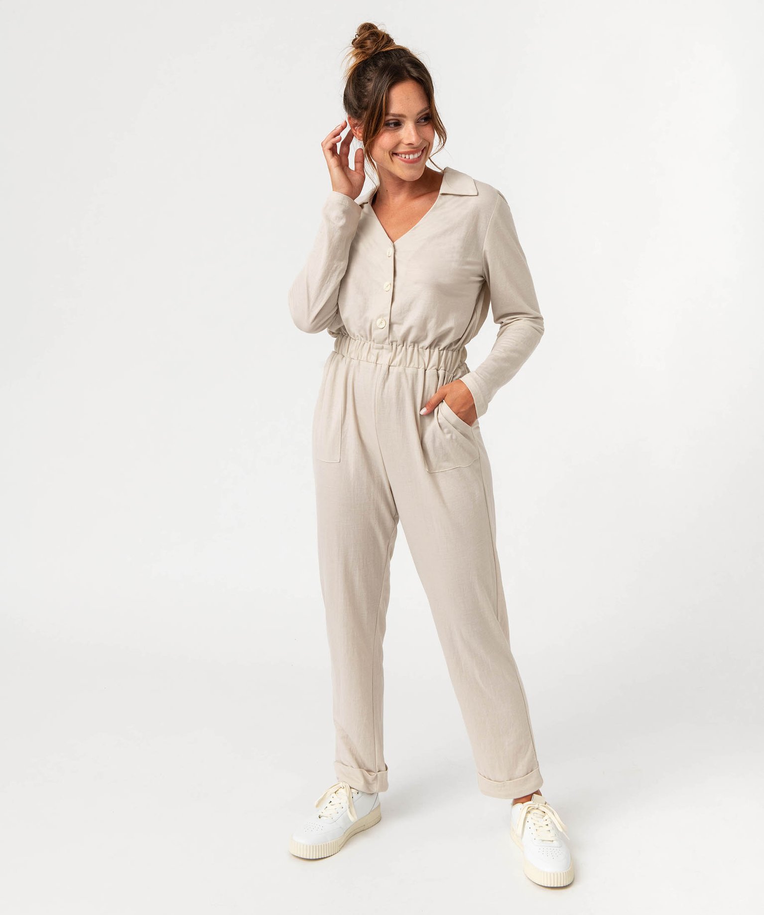 Combinaison pantalon à manches longues fluide femme - Gémo... beige | GEMO