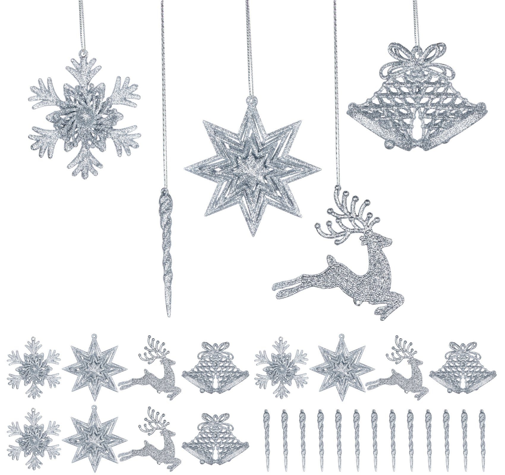 Homewit Christbaumschmuck 3D Glitzer Weihnachtsdekoration für Weihnachtsbaum (24-tlg), Weihnachtsbaumschmuck Weihnachtsbaumanhänger