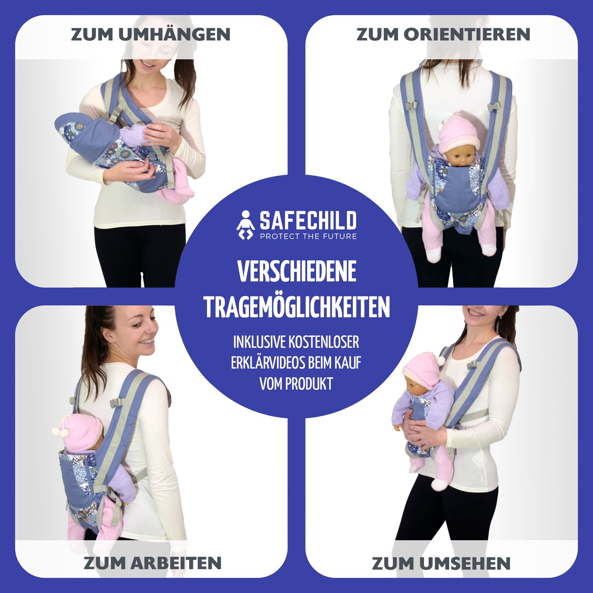 SafeChild Babytrage Premium Design, 100% Baumwolle, Mesh-Gewebe, Neugeborene, Hüftsitz, Flaschenhalterung, Windeltasche, Handytasche