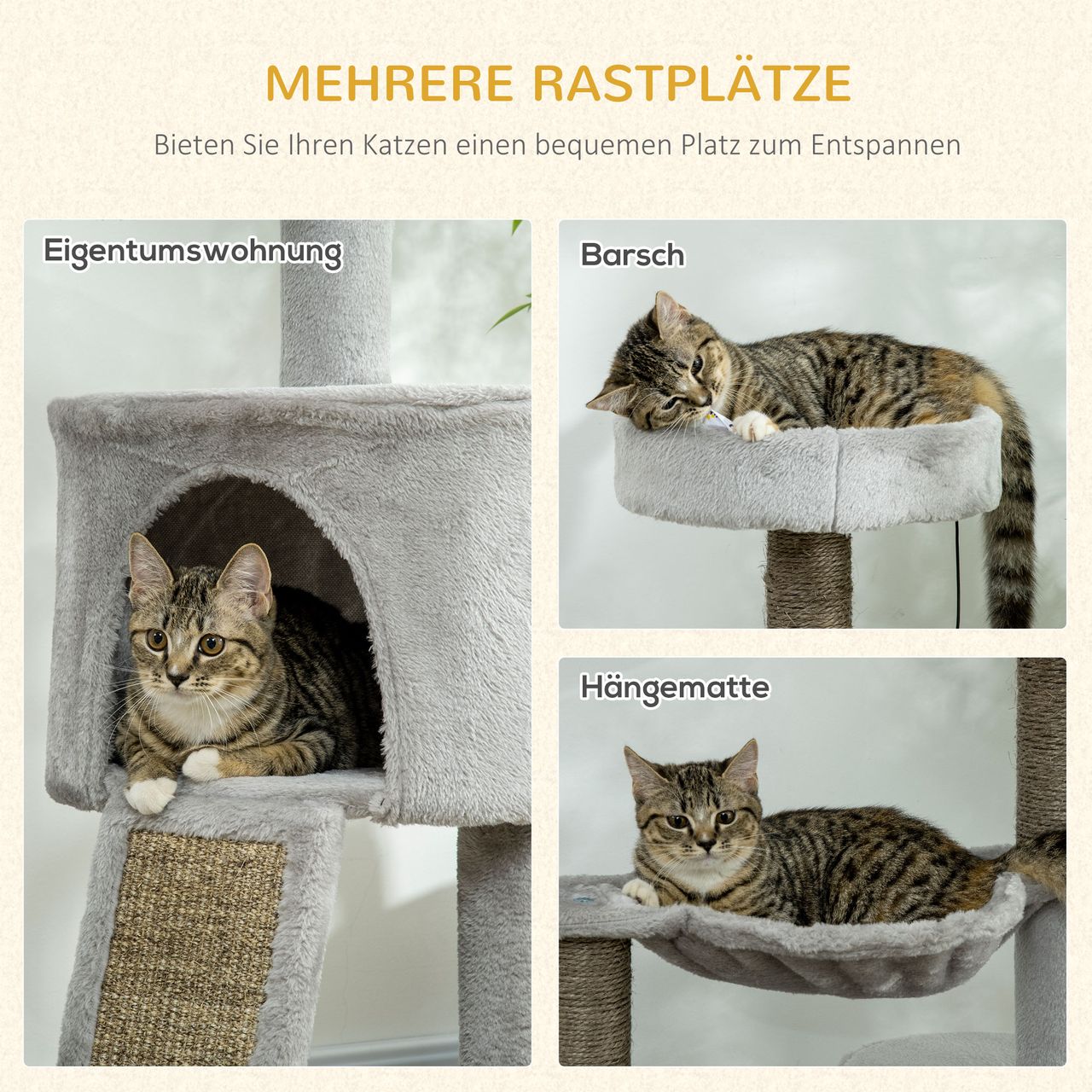 PawHut Kratzbaum 113 cm Katzenbaum mit Katzenhöhle Katzenkratzbaum Hellgrau