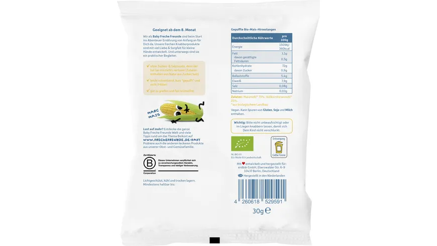 Freche Freunde Bio Knusper-Stangen Mais & Hirse 30 g