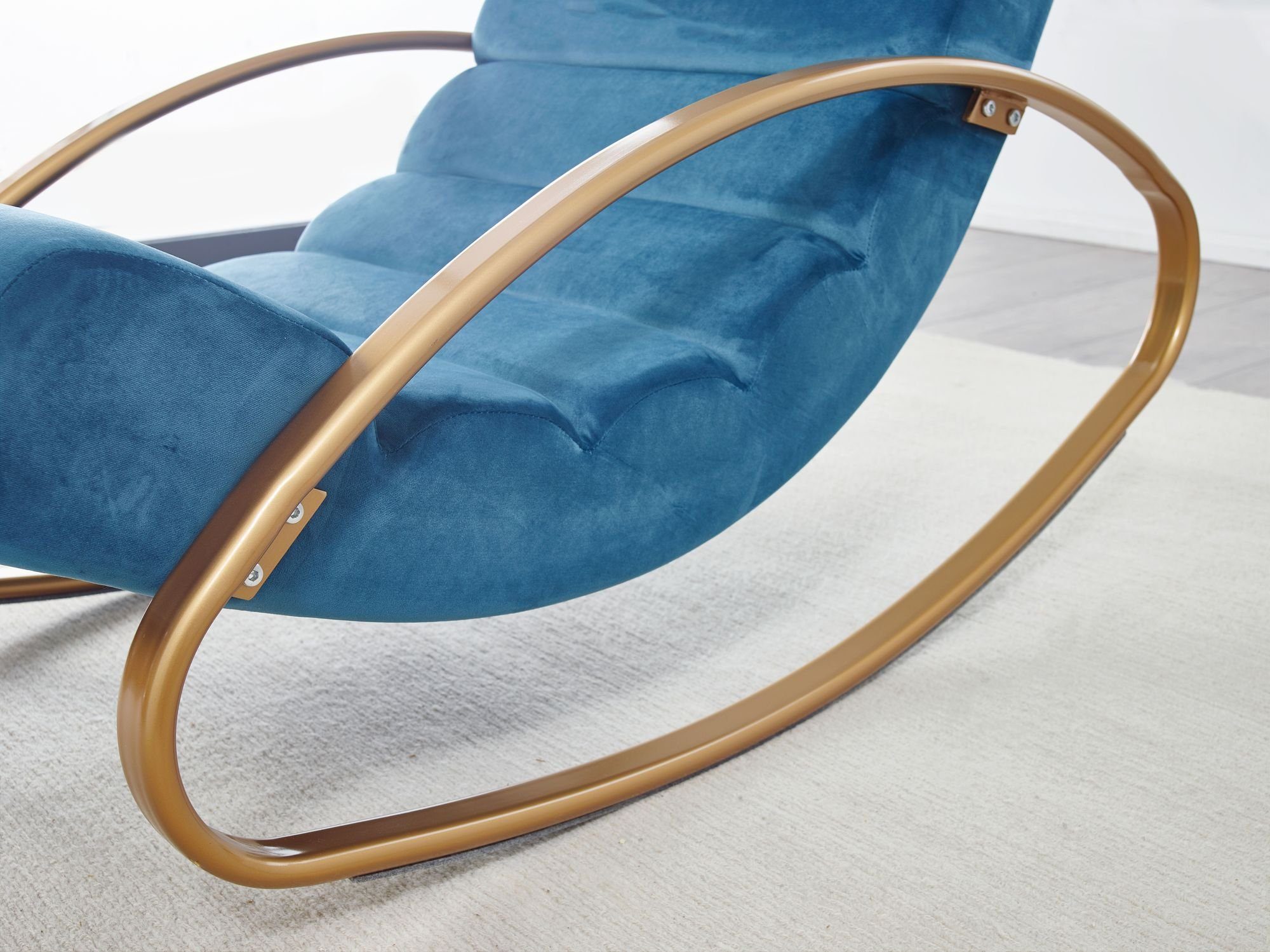 FINEBUY Schaukelstuhl FB23824 (Relaxliege Samt Blau / Gold 150 kg 61x81x111 cm), Schwingsessel Modern, Schwingstuhl Lounge Liege