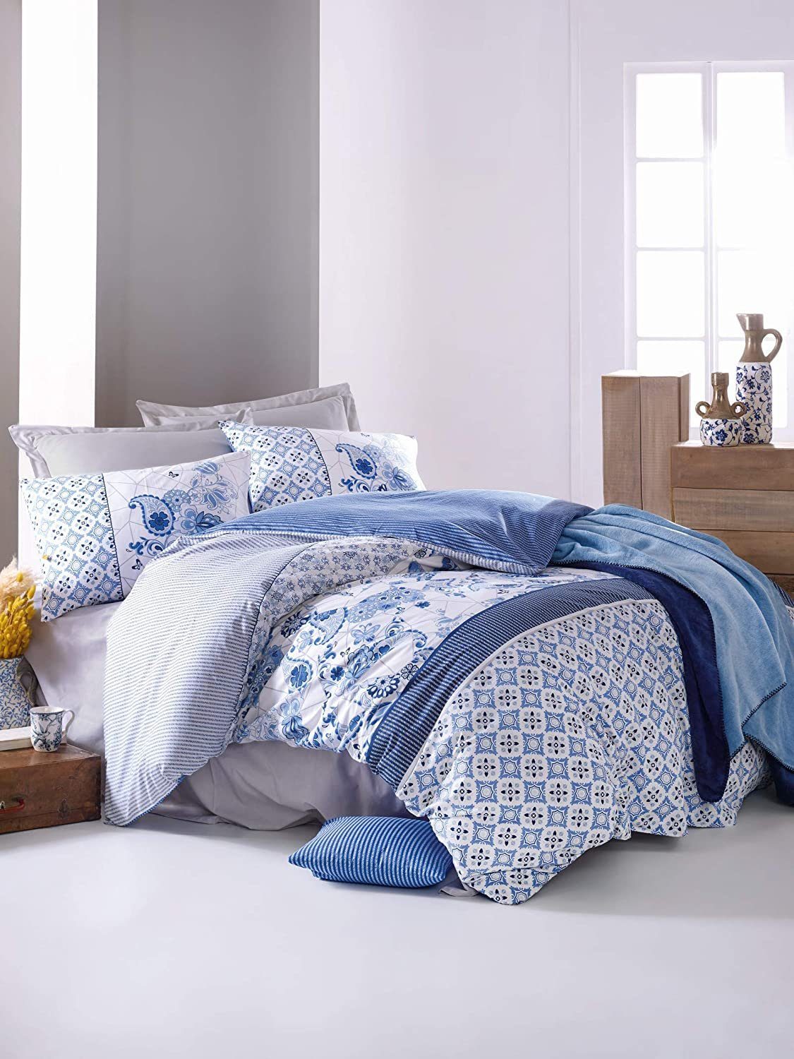 Bettwäsche Retro Paisley, One Home, Renforcé, 3 teilig, Baumwolle, Blumen und gestreift, Doppelbett