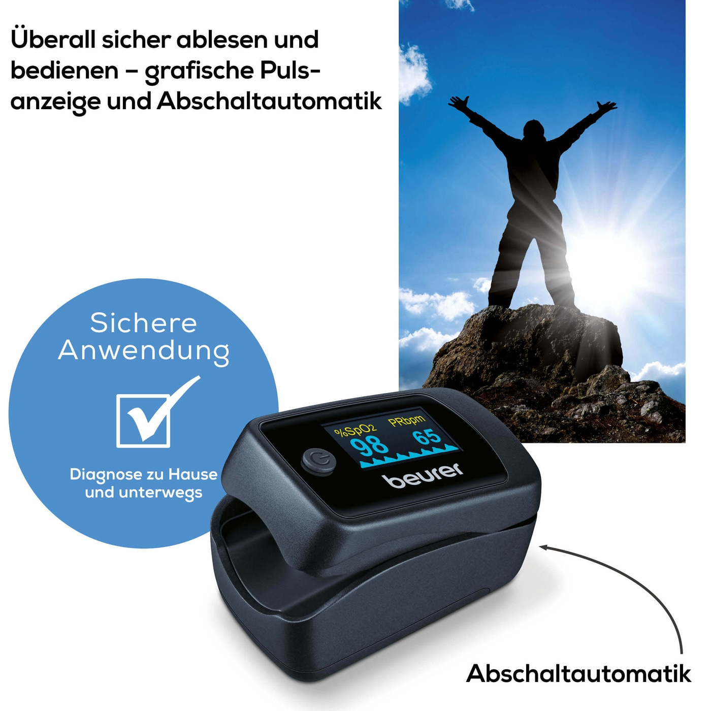 Beurer Pulsoximeter PO 45-Pulsoximeter zur Messung von Sauerstoffsättigung, Herzfrequenz & Durchblutungswert