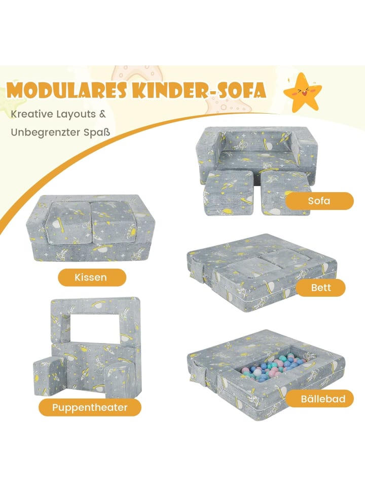 COSTWAY 4 in 1 Kindersofa 107x52x41cm nachleuchtend in Grau günstig kaufen onesize