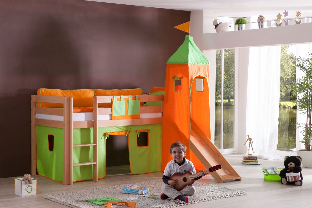 Relita Halbhohes Spielbett ALEX mit Rutsche/Turm Buche massiv natur lackiert mit Stoffset grün/orange