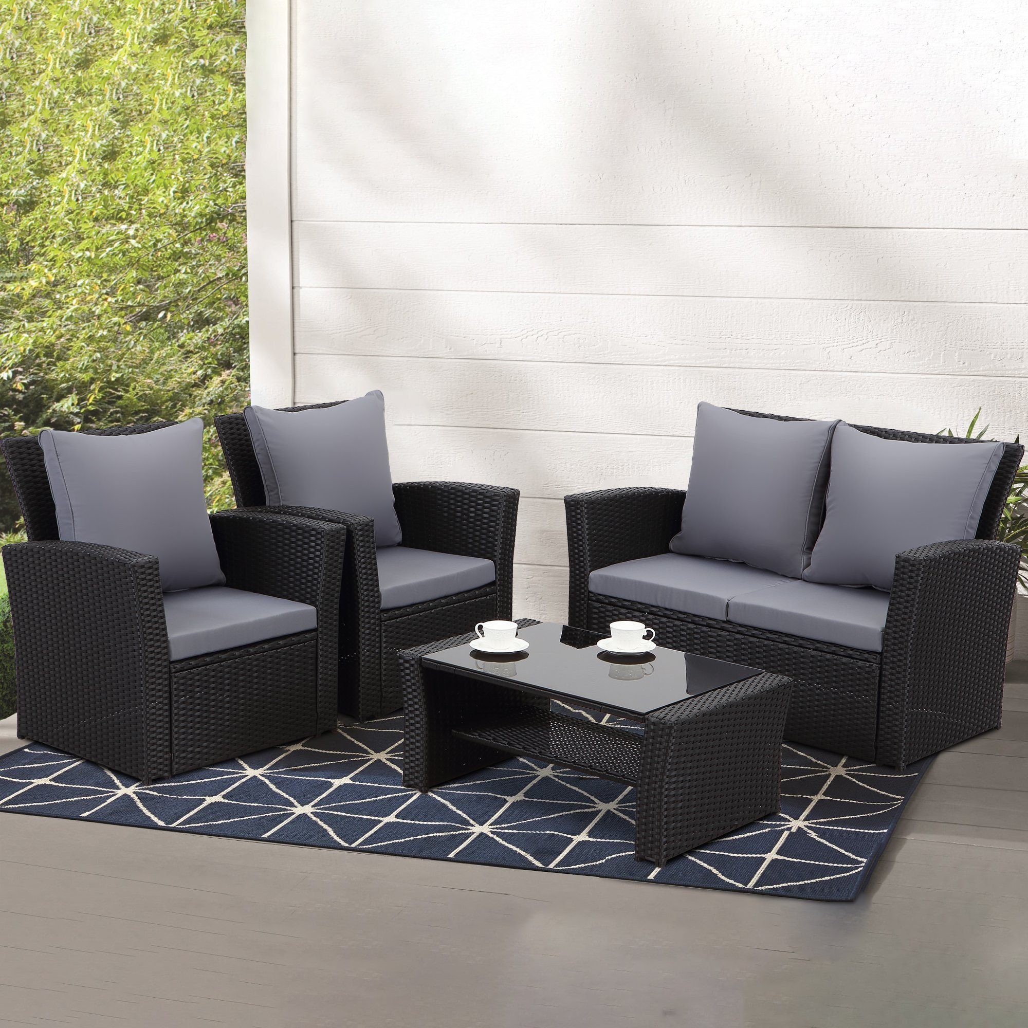 MeXo von GLP HOME Gartenlounge-Set Balkongarnitur Gartenmöbel Set Polyrattan Wetterfest für 3-4 Personen, (Loungeset Kleiner Balkon Sitzgruppe, 4-tlg., Balkonset, Sitzgarnitur mit Kissen), Gartengarnitur für Lounge Klein Terrasse Garten Indoor Outdoo