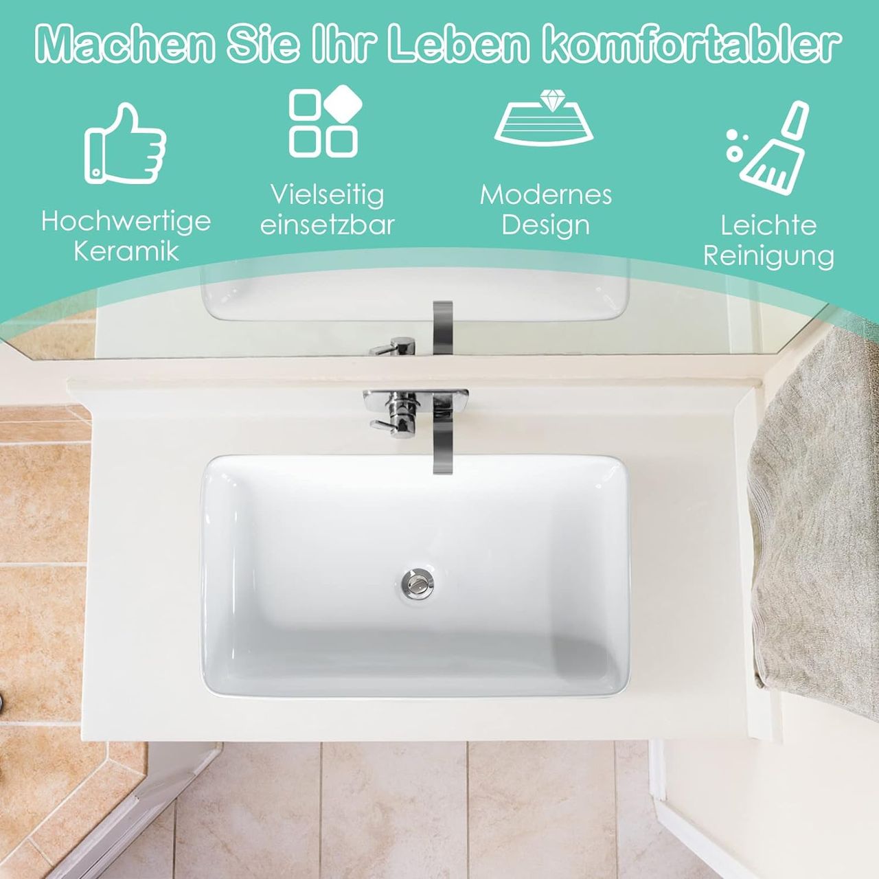Costway 60x35cm Waschbecken mit Pop-up-Ablauf