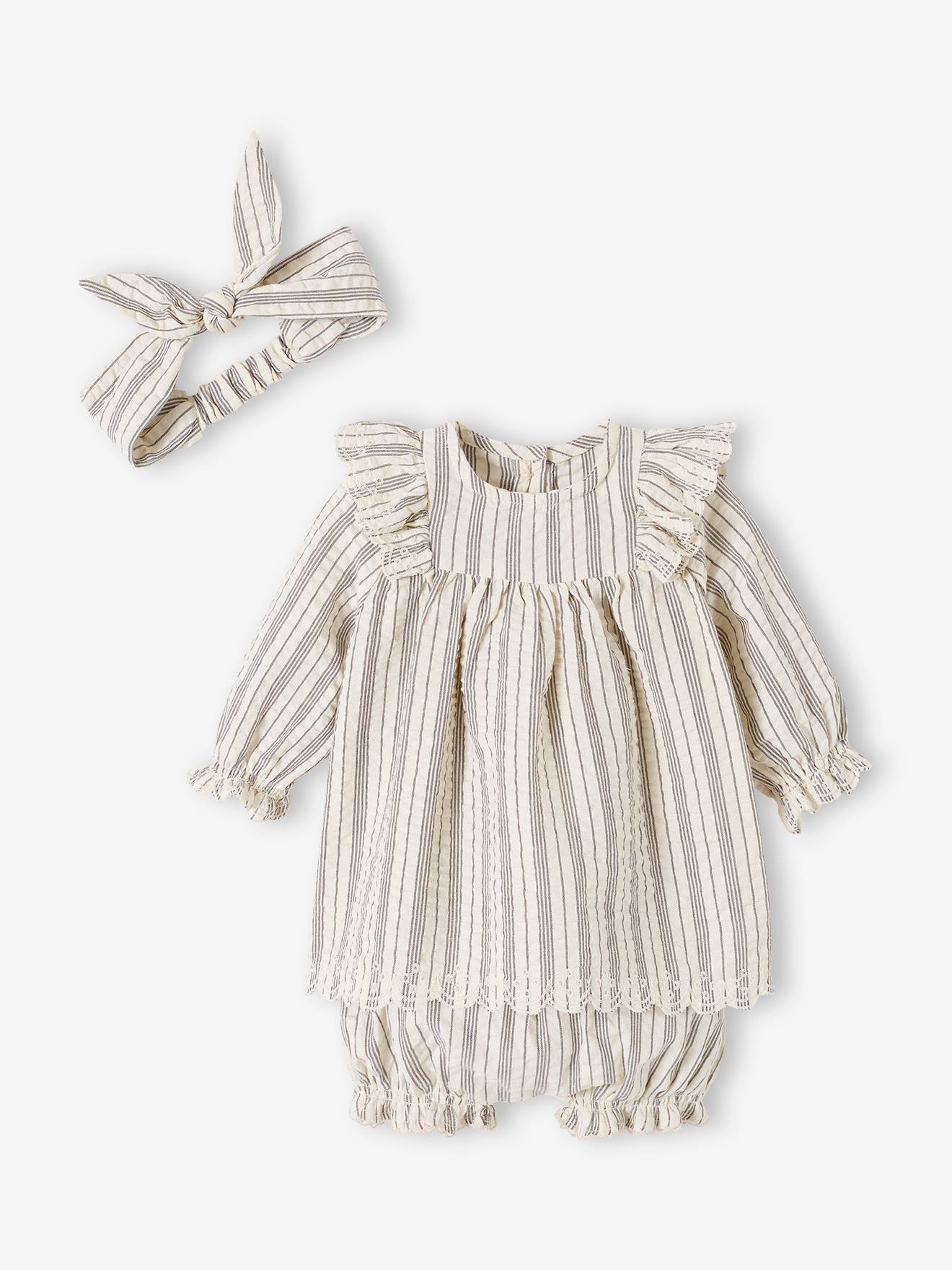 Vertbaudet Mädchen Baby-Set: Kleid, Shorts & Haarband - wollweiß