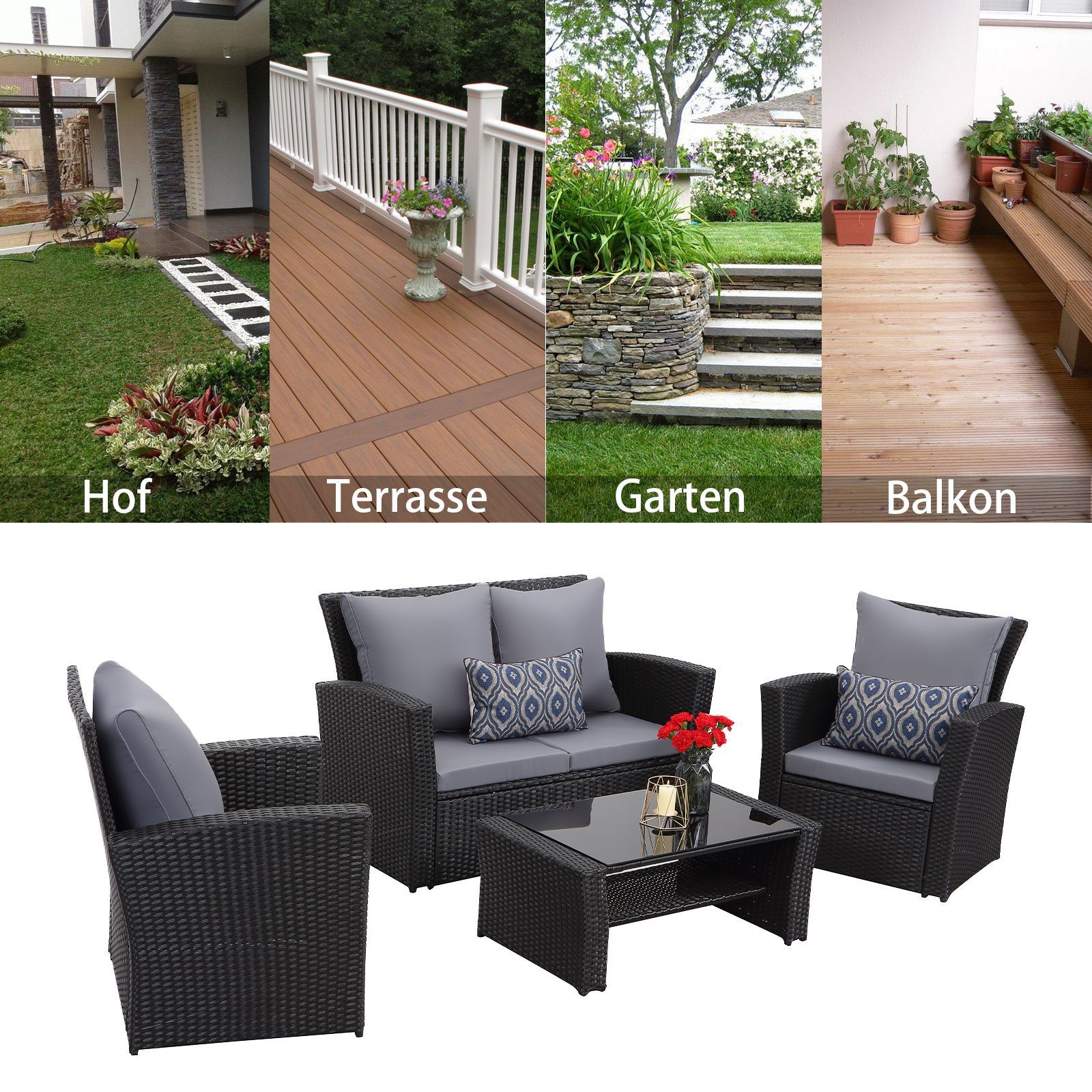 MeXo Gartenlounge-Set, (Sofa Lounge Garnitur Sitzgarnitur, 4-tlg., 2er Sofa, 2 Sessel, Tisch), Loungeset aus Handgeflochtenes Polyrattan