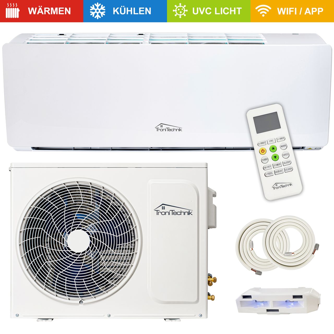 TroniTechnik Reykir Split Klimagerät Klimaanlage mit 9000 BTU, inkl. Zubehör und UV-C Reinigung