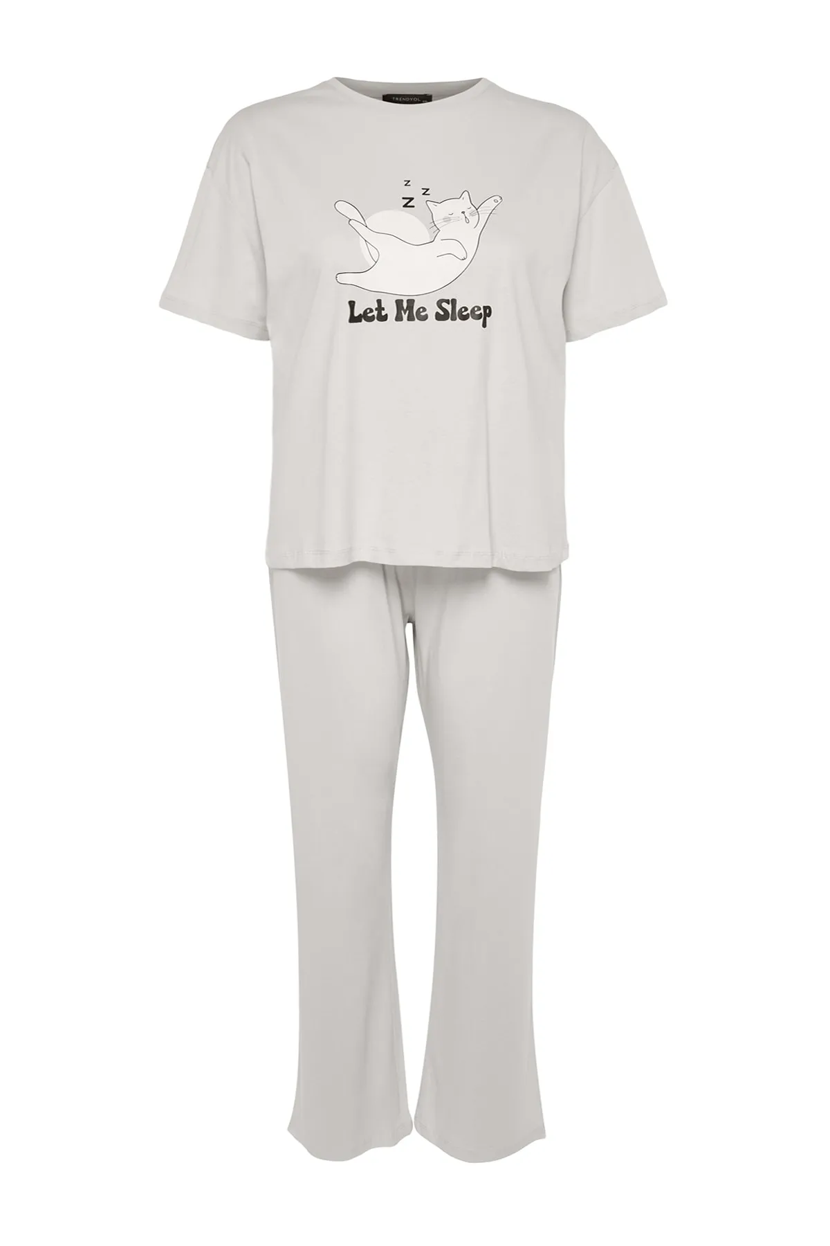 Trendyol Curve  Hellgraues bedrucktes Pyjama-Set aus Strick TBBAW24AI00003