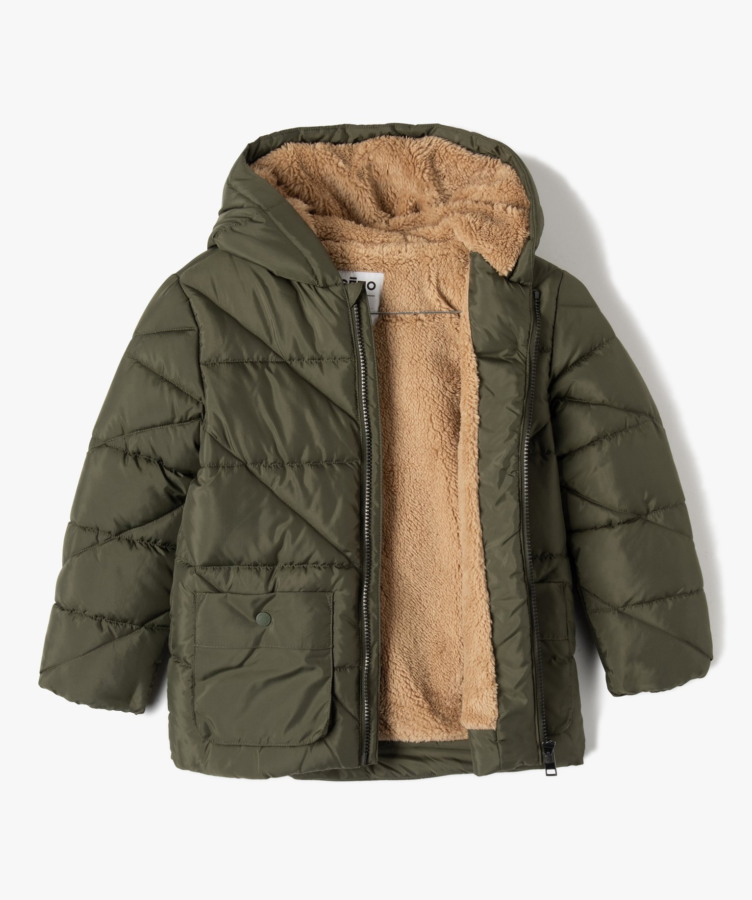 Blouson Garçon matelassé à capuche en matière déperlante kaki | GEMO