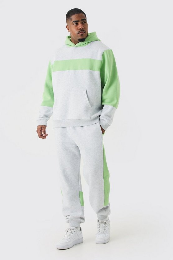 Plus grauer Colorblock Trainingsanzug mit Kapuze