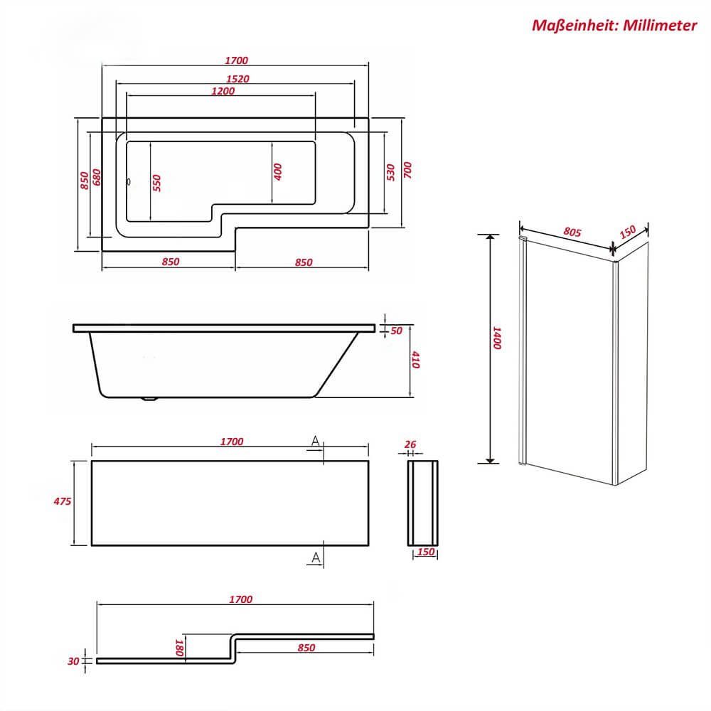 HOME DELUXE Badewanne ELARA, 170 x 85 x 53 Badewanne mit Dusche, inkl. Duschabtrennung & Zubehör