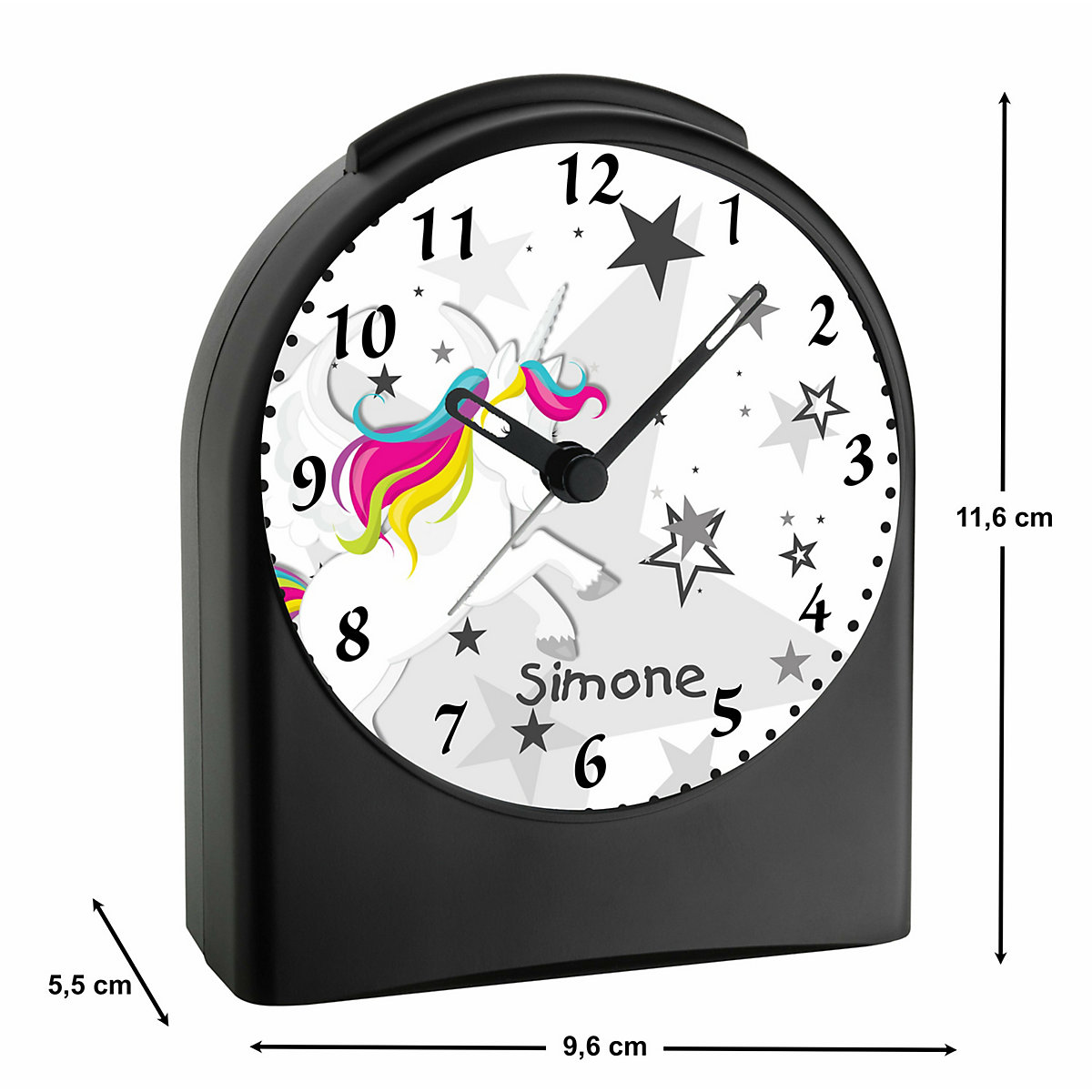 Kinder Funkwecker personalisiert mit Namen Einhorn Atom-/Funkuhr, 12-Stunden-Anzeigeformat, Schlummerfunktion, Nachtlicht, Geräuschlos/Ohne Ticken