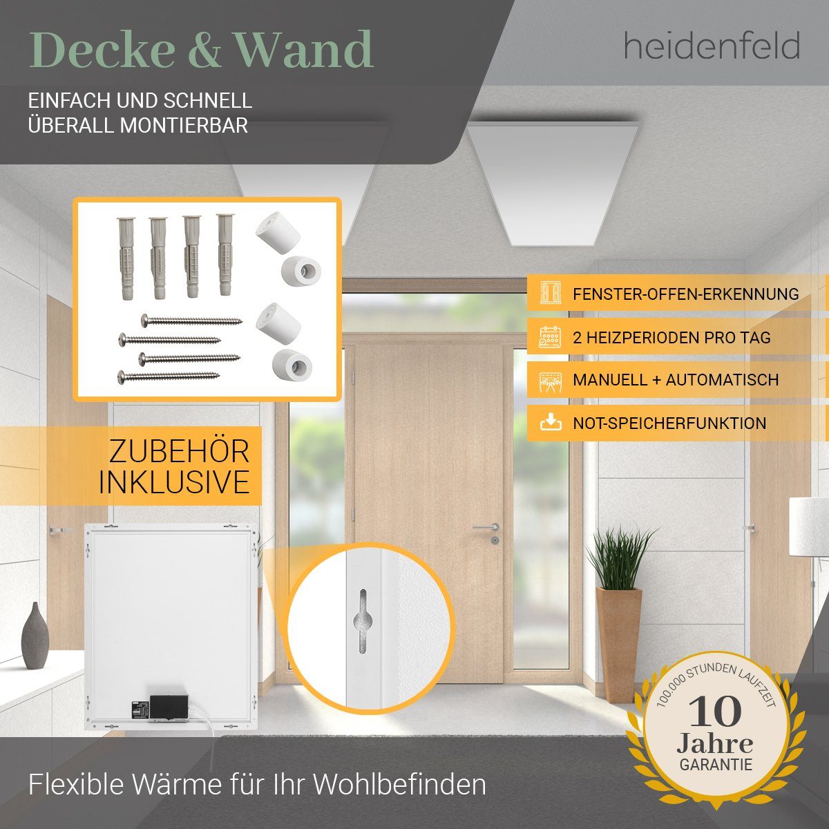 Heidenfeld Infrarotheizung 300 - 1200 W Wand Decken Elektroheizung HF-HP106-2 - 10 J. Garantie, App-Steuerung - Infrarot Wandheizung Heizkörper Elektroheizkörper