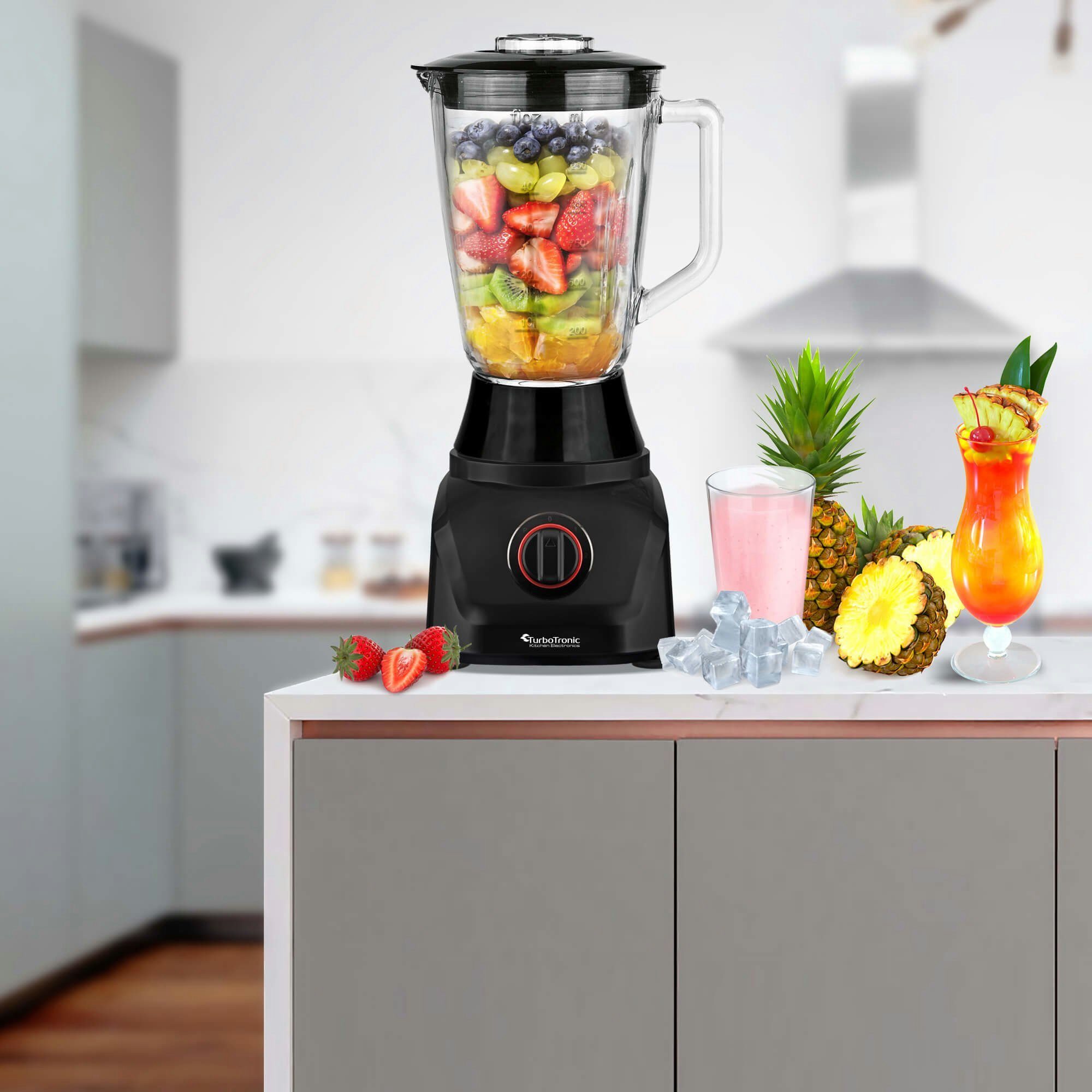 TurboTronic by Z-Line Küchenmaschine Food Processor mit Standmixer 3L Behälter 1,5L Glaskaraffe, 1900 W, 3 l Schüssel, Raspelscheiben Zitruspresse Zerkleinerer Eiscrusher Power