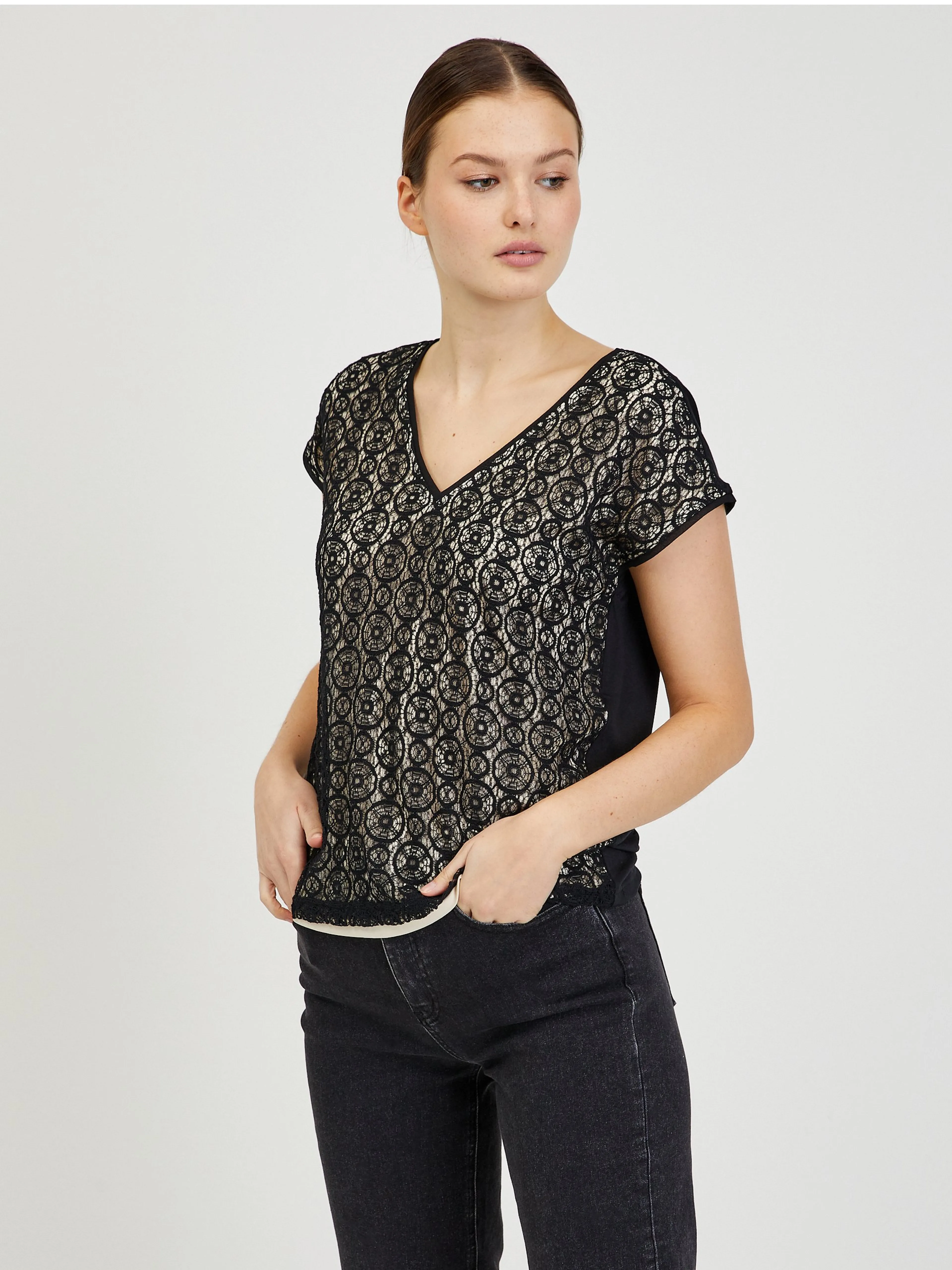 Beige-schwarzes Damen T-Shirt aus Spitze ORSAY