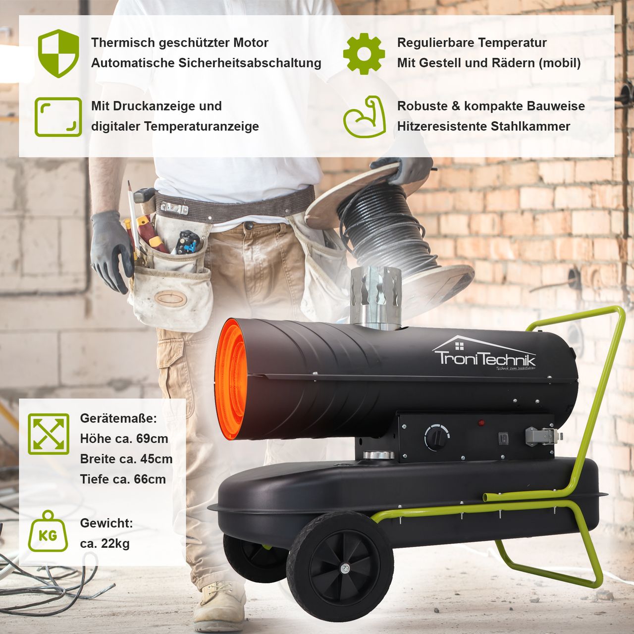 TroniTechnik TT-HK-244 Heizkanone Dieselkanone Heizlüfter 20kW mit Handgriff, Rohrrahmen, Rädern und Abluftauslass