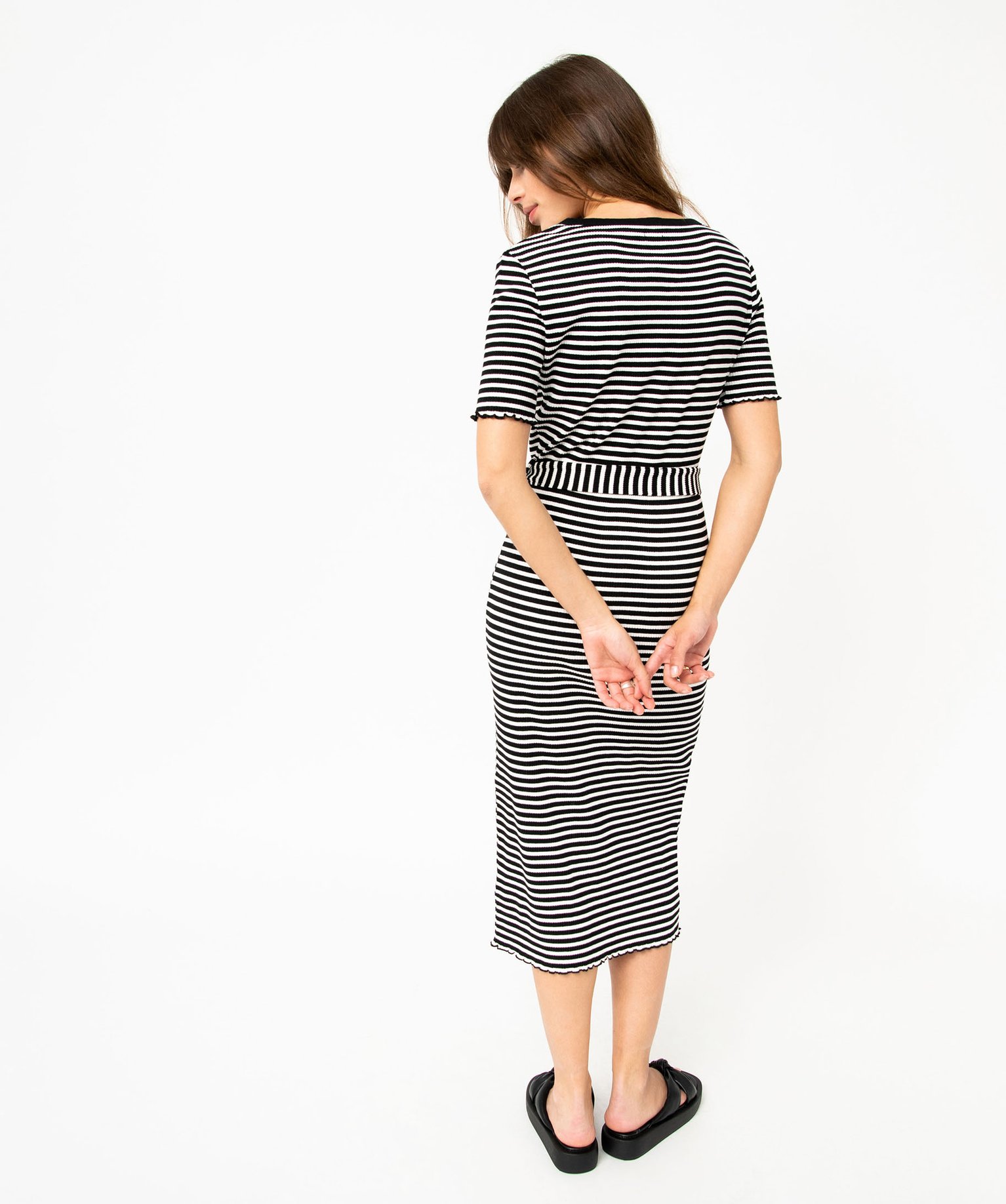 Robe chemise en maille ctelée rayée à manches courtes f... raye | GEMO