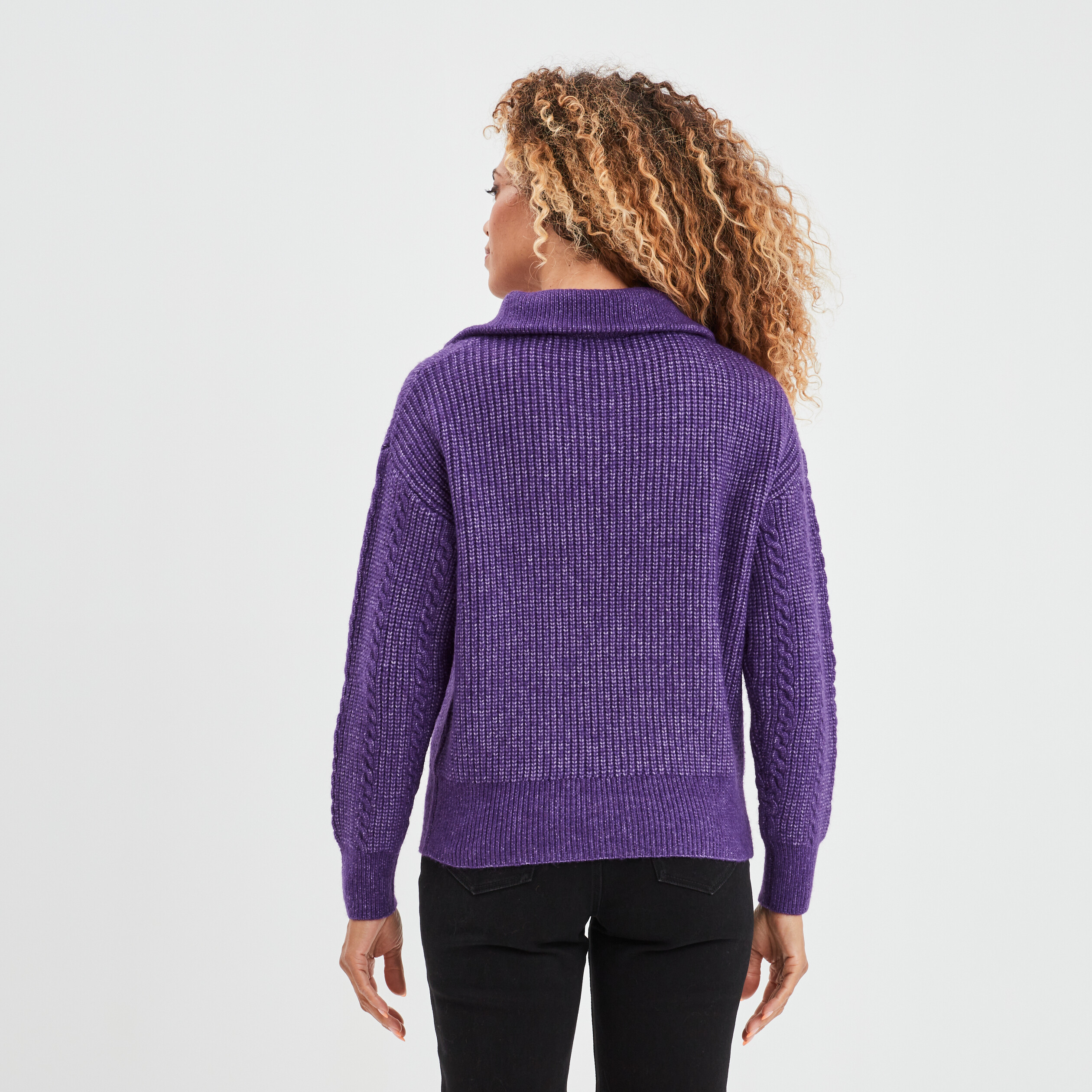 Pull camionneur zippé torsades Liberto violet foncé femme | La Halle