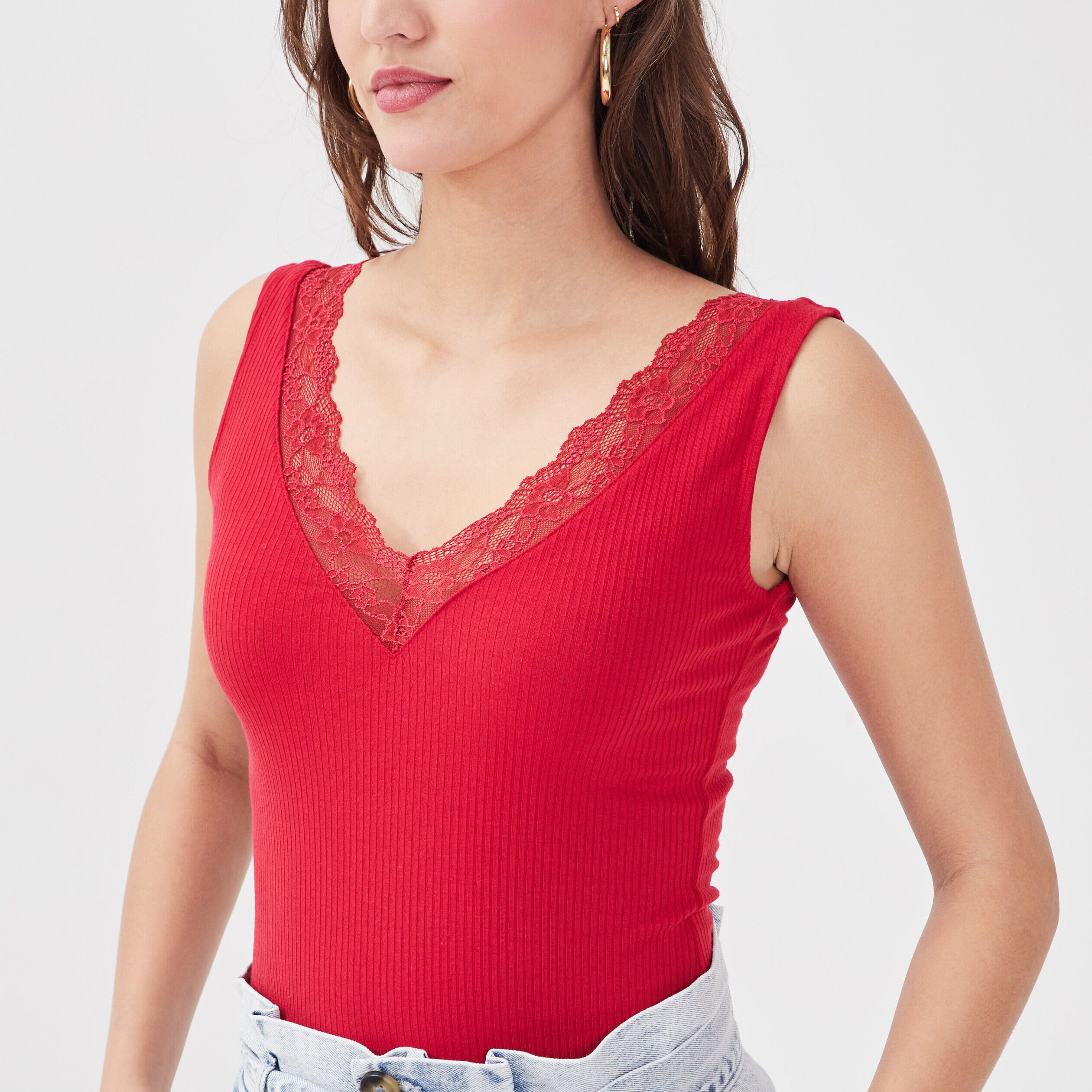 Body bretelles larges côtelé rouge femme | Cache Cache