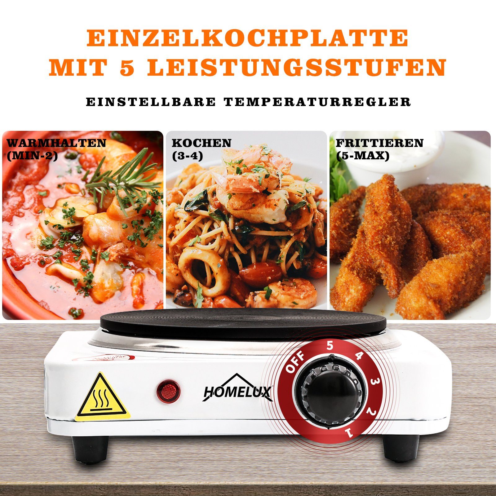 HOMELUX Einzelkochplatte Kochplatte Edelstahl Herdplatte Kochfeld, 5 Leistungsstufen, 16cm/1000W; 18cm/1500W
