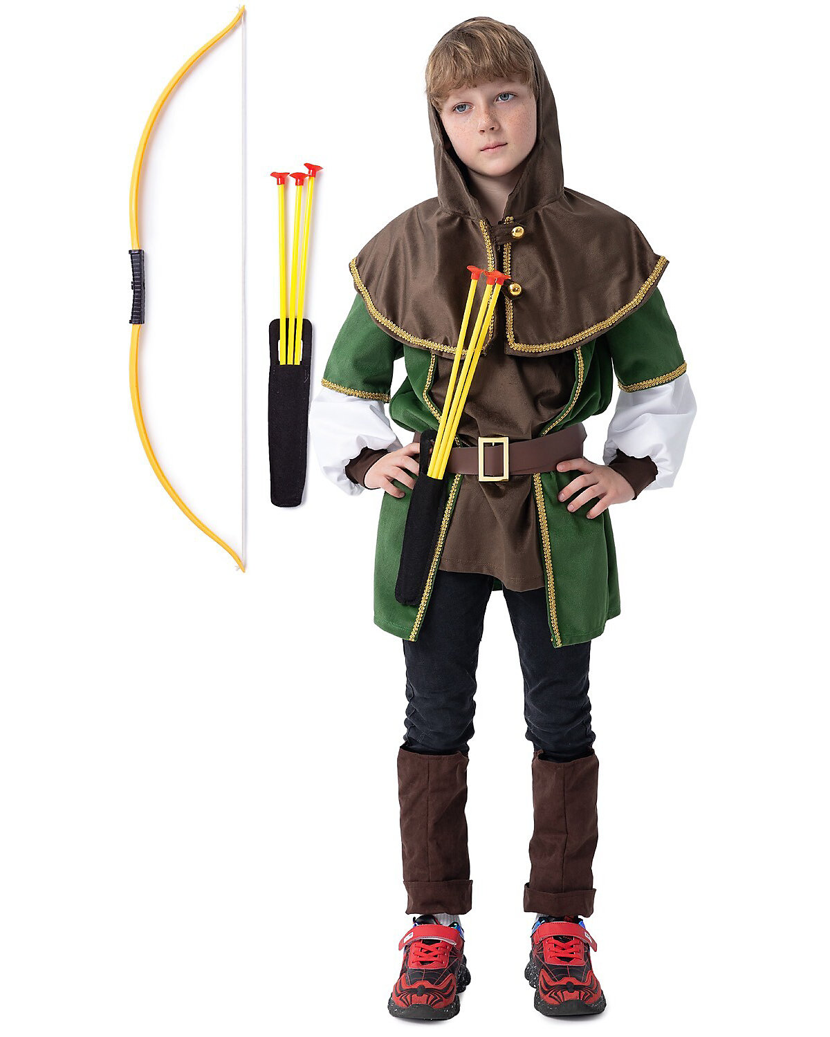 Robin Hood Kostüm Set mit Bogen, Verkleidung für Kinder zu Fasching, cooles Karnevalskostüm, braun/grün