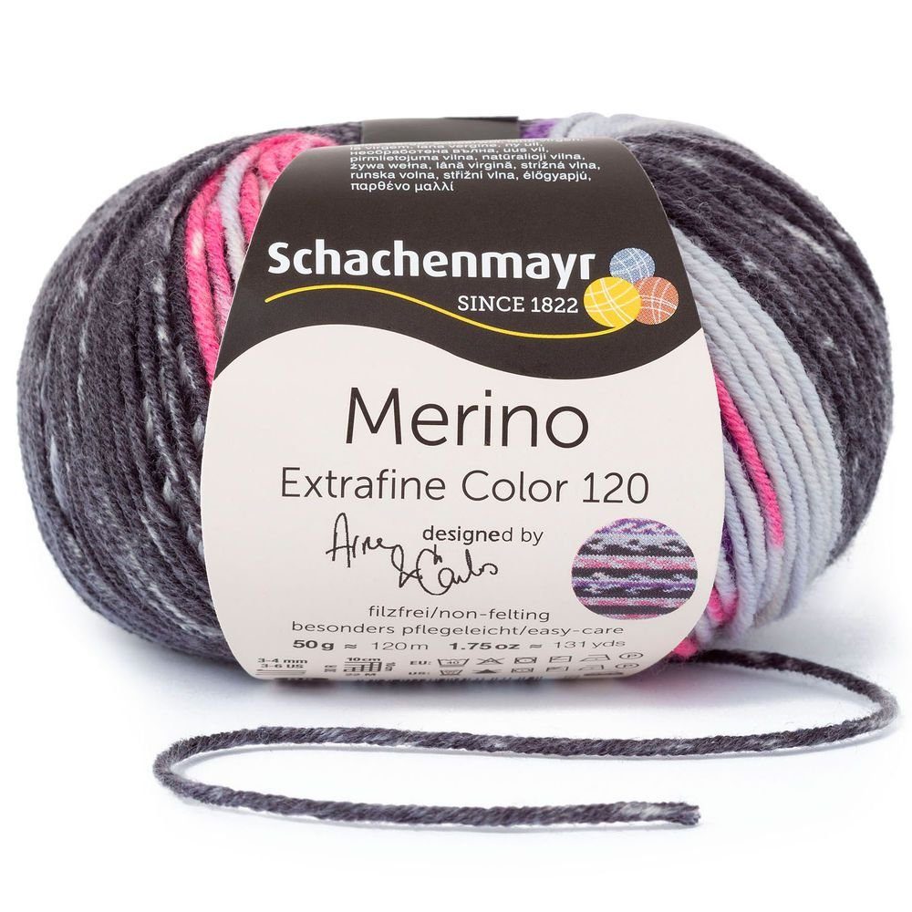 Schachenmayr Wolle Merino Extrafine Color 120, Merinowolle Häkelwolle, 120,00 m (zum Stricken und Häkeln, musterbildend, mit Farbverlauf, Strickgarn, Strickwolle, Handstrickgarn), trocknergeeignet