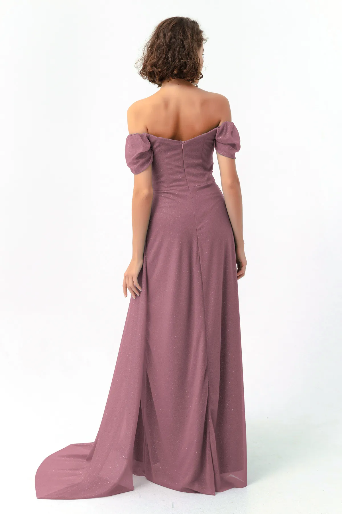Lafaba  Damen-Abendkleid in Lavendel mit U-Boot-Ausschnitt, drapiertem Schlitz und langem Glitzer-Abendkleid