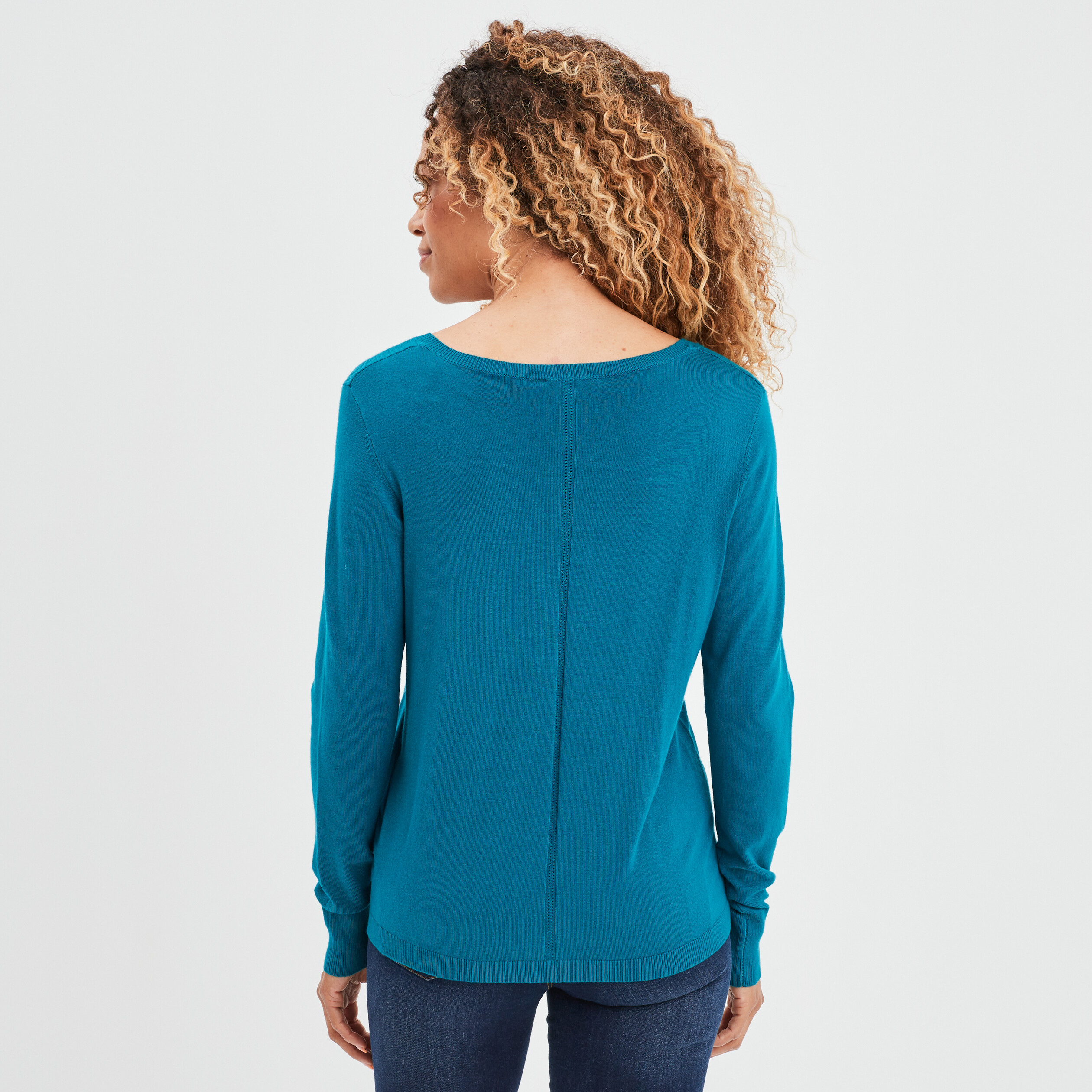Pull col en V détails ajourés bleu canard femme | La Halle