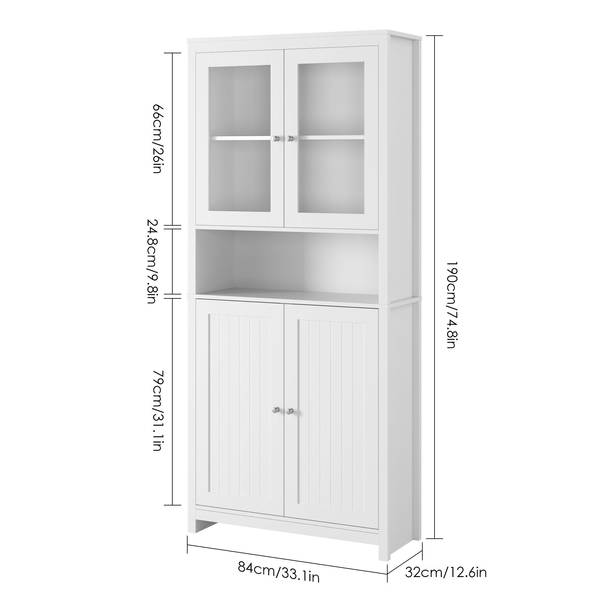 Homfa Hochschrank 190cm Vitrinenschrank, Bücherschrank mit 4 Türen, Buffet, Weiß