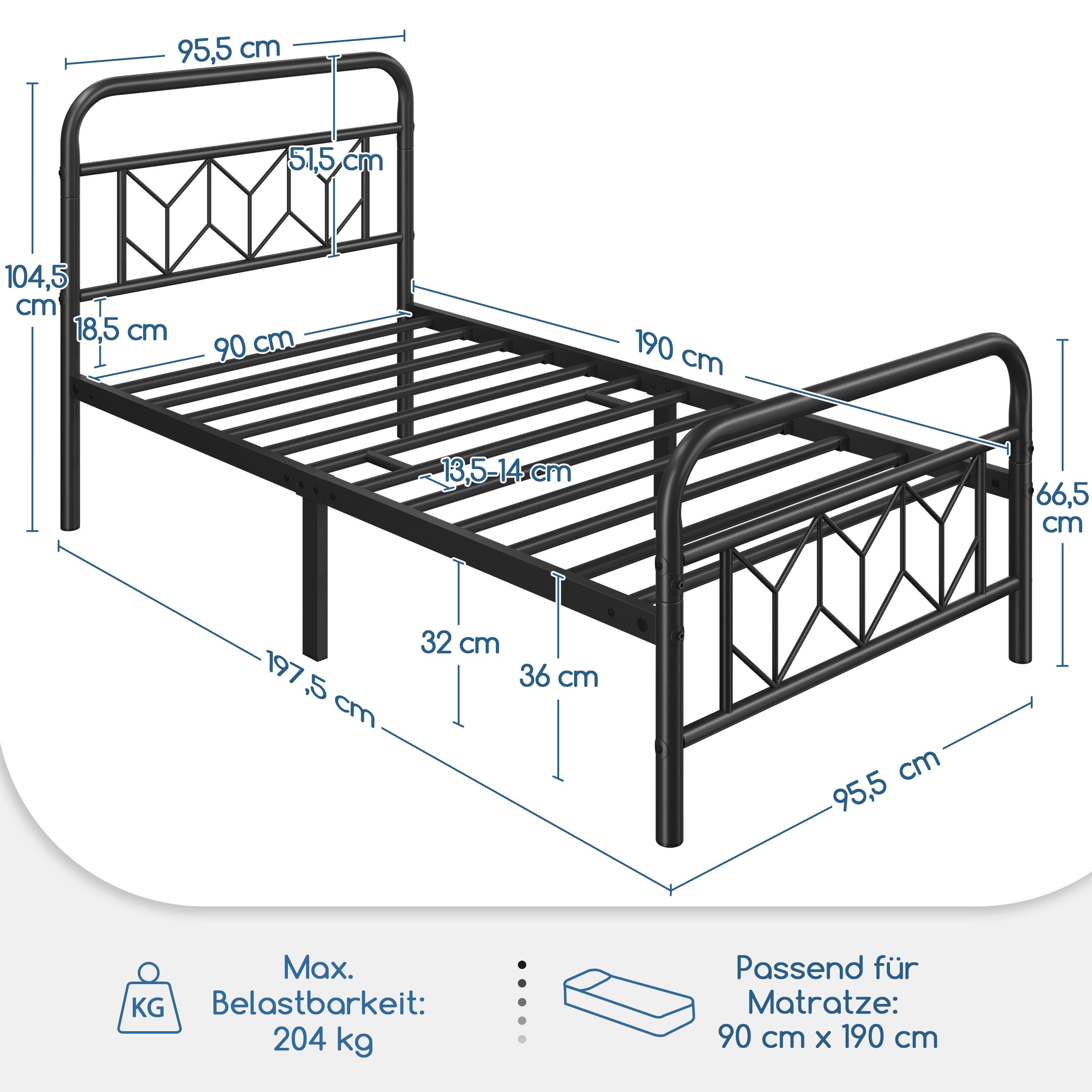 Yaheetech Metallbett, Vintage Bettrahmen mit Hohem Kopfteil, Bettgestell